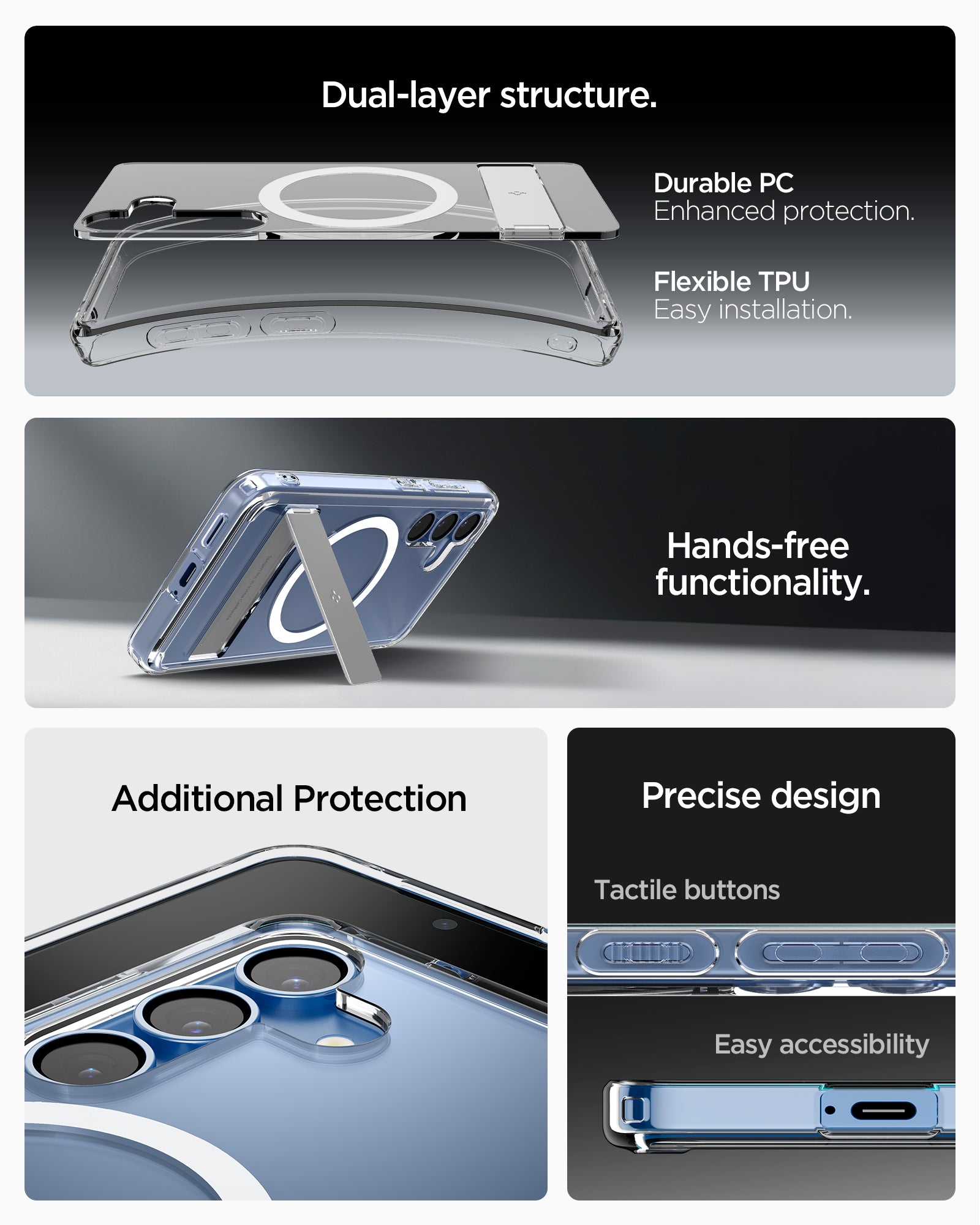 ACS09026 - Galaxy S25 Case Ultra Hybrid S in Clear White showing the dual-layer structure. Durable PC, enhanced protection. Hands-free functionality. Additional Protection. Precise design, tactile buttons and easy accessibility