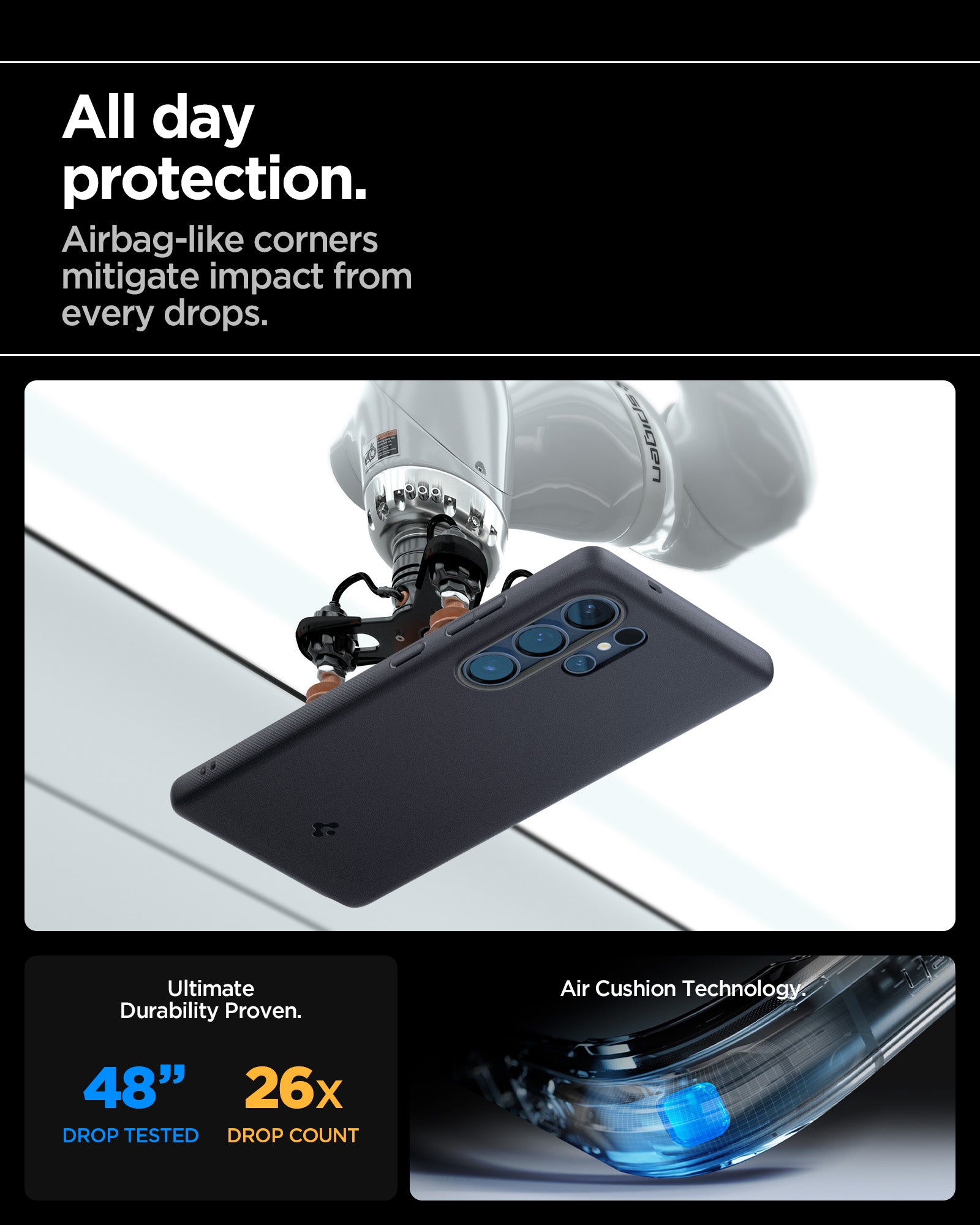 ACS09057 - Galaxy S25 Ultra Case Nano Pop (MagFit) in Black Sesame showing the all day protection. Airbag-like corners mitigate impact from every drops. Ultimate Durability Proven. 48" 26x drop count