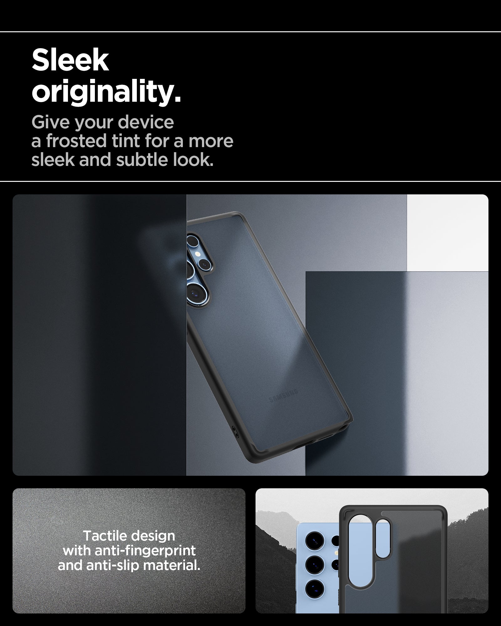 ACS08962 - Galaxy S25 Ultra Case Ultra Hybrid in Frost Black showing the sleek originality. Give your device a frosted tint for a more sleek and subtle look. Tactile design with anti-fingerprint and anti-slip material