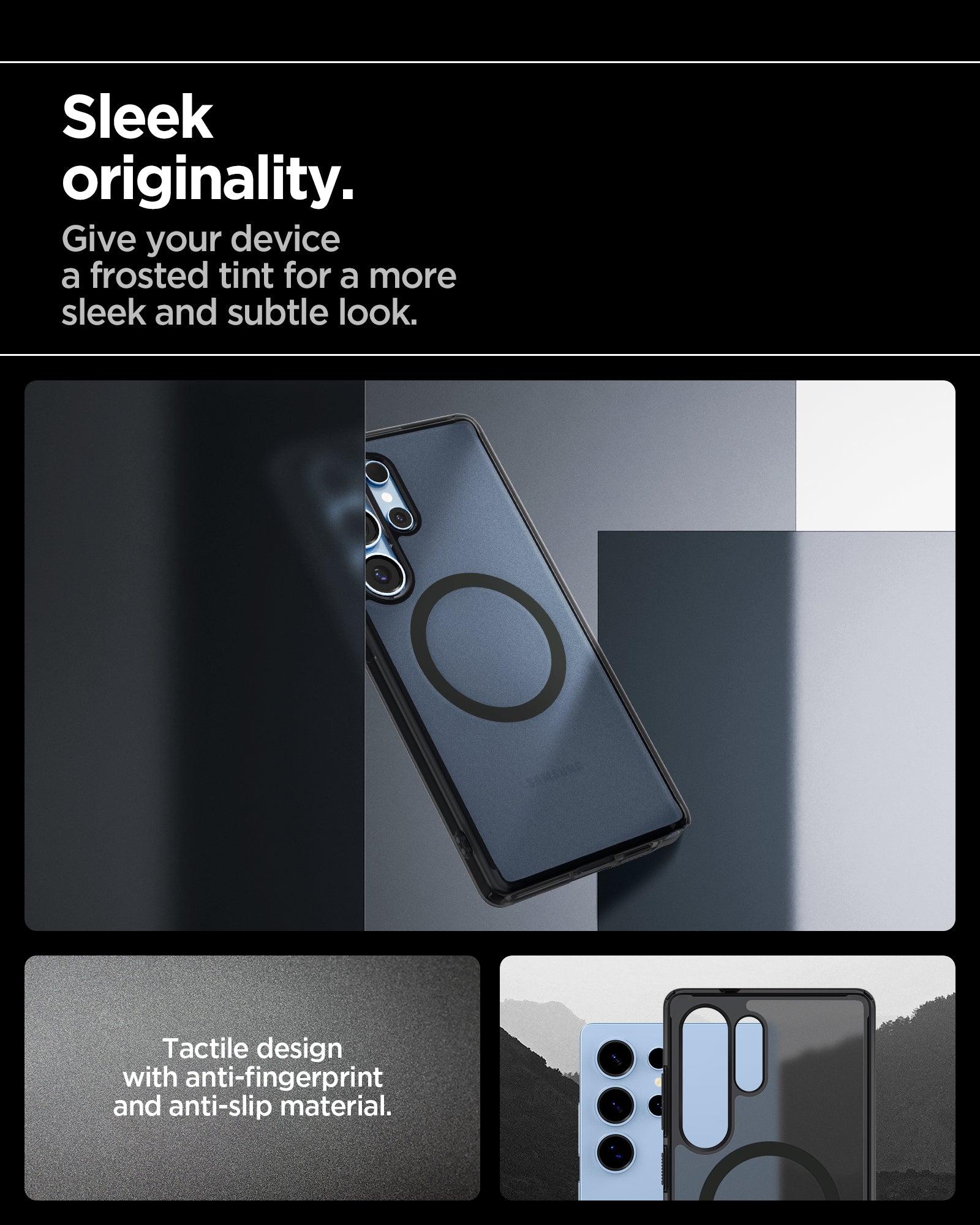 ACS08960 - Galaxy S25 Ultra Case Ultra Hybrid Metal Ring (MagFit) in Frost Black showing the sleek originality. Give your device a frosted tint for a more sleek and subtle look