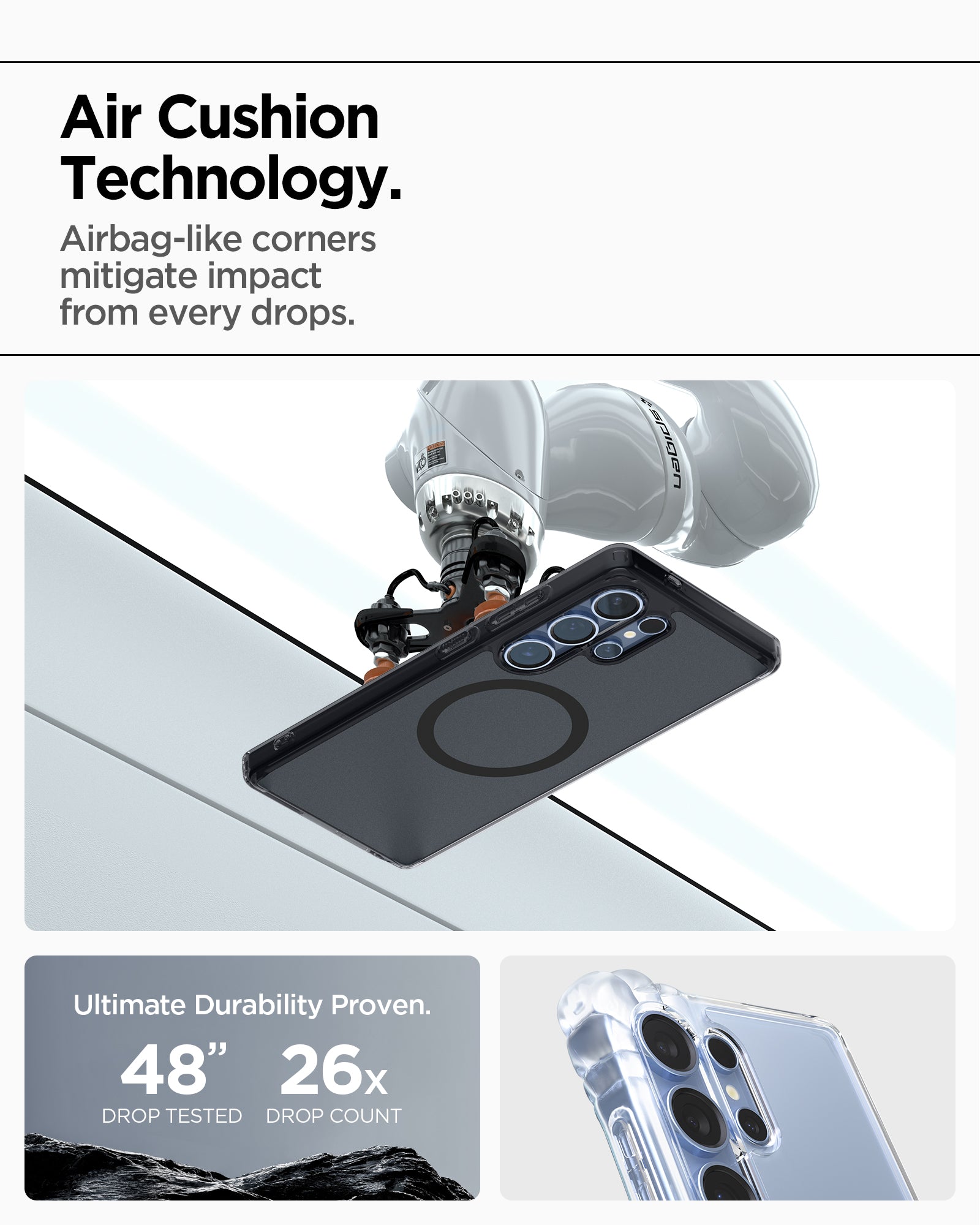 ACS08960 - Galaxy S25 Ultra Case Ultra Hybrid Metal Ring (MagFit) in Frost Black showing the air cushion technology. Airbag-like corners mitigate impact from every drops. Ultimate durability proven with 48" drop tested and 26x drop count