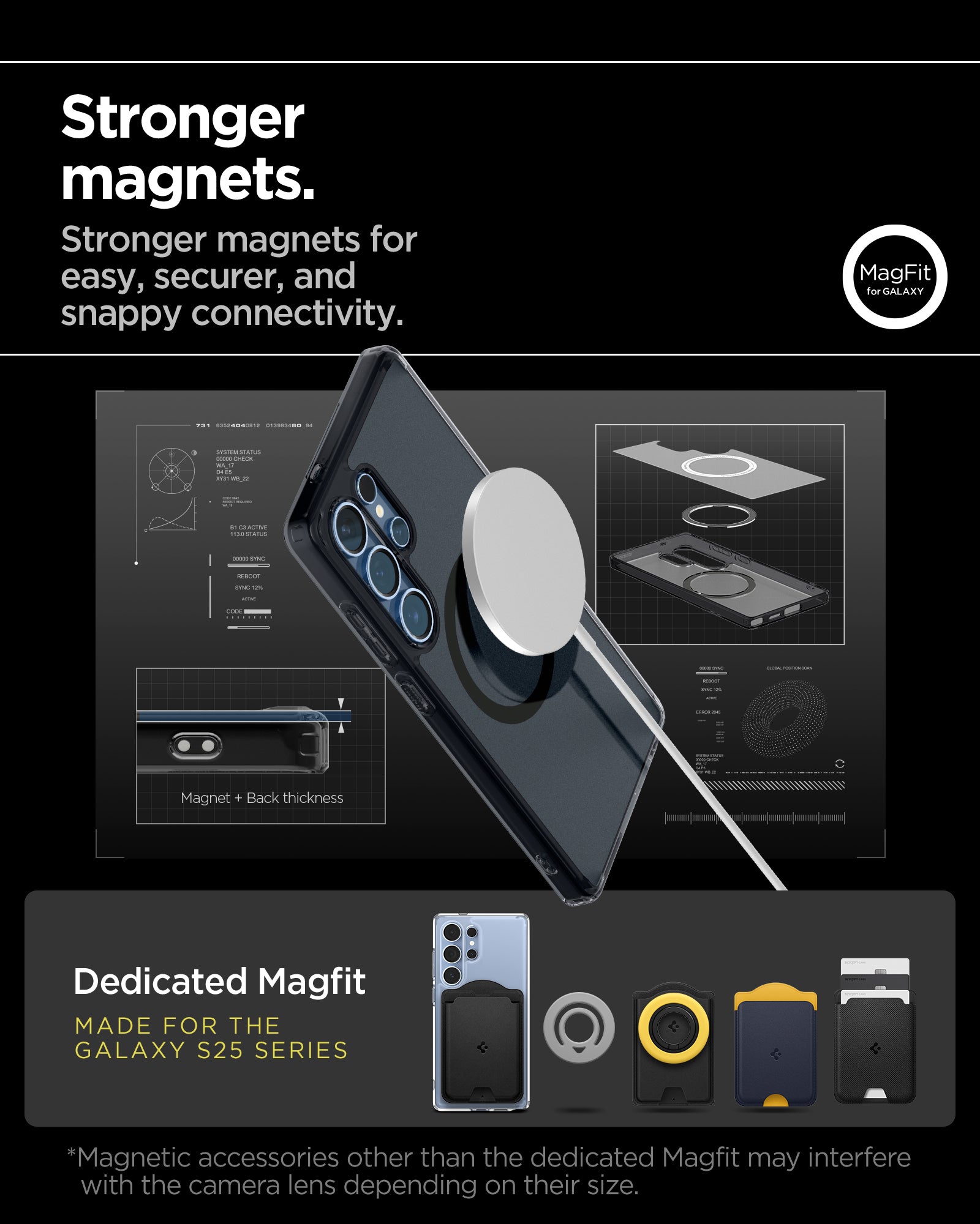ACS08960 - Galaxy S25 Ultra Case Ultra Hybrid Metal Ring (MagFit) in Frost Black showing the stronger magnets. Stronger magnets for easy, securer, and snappy connectivity. Magnetic accessories other than the dedicated Magfit may interfere wit the camera lens depending on their size
