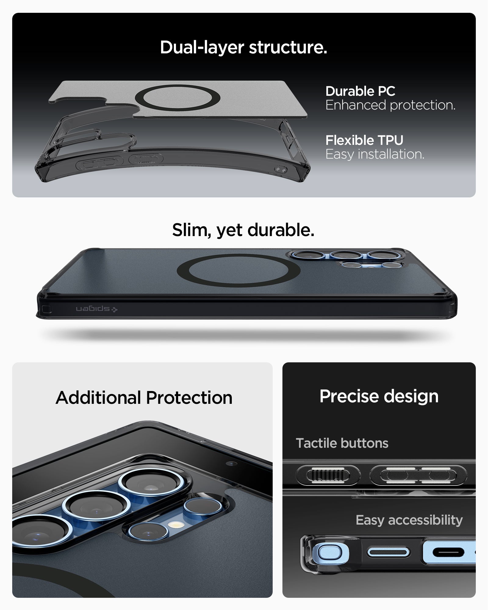 ACS08960 - Galaxy S25 Ultra Case Ultra Hybrid Metal Ring (MagFit) in Frost Black showing the dual-layer structure. Made with durable PC enhanced protection and Flexible TPU easy installation. Slim, yet durable with additional protection. Precise design. tactile buttons and easy accessibility