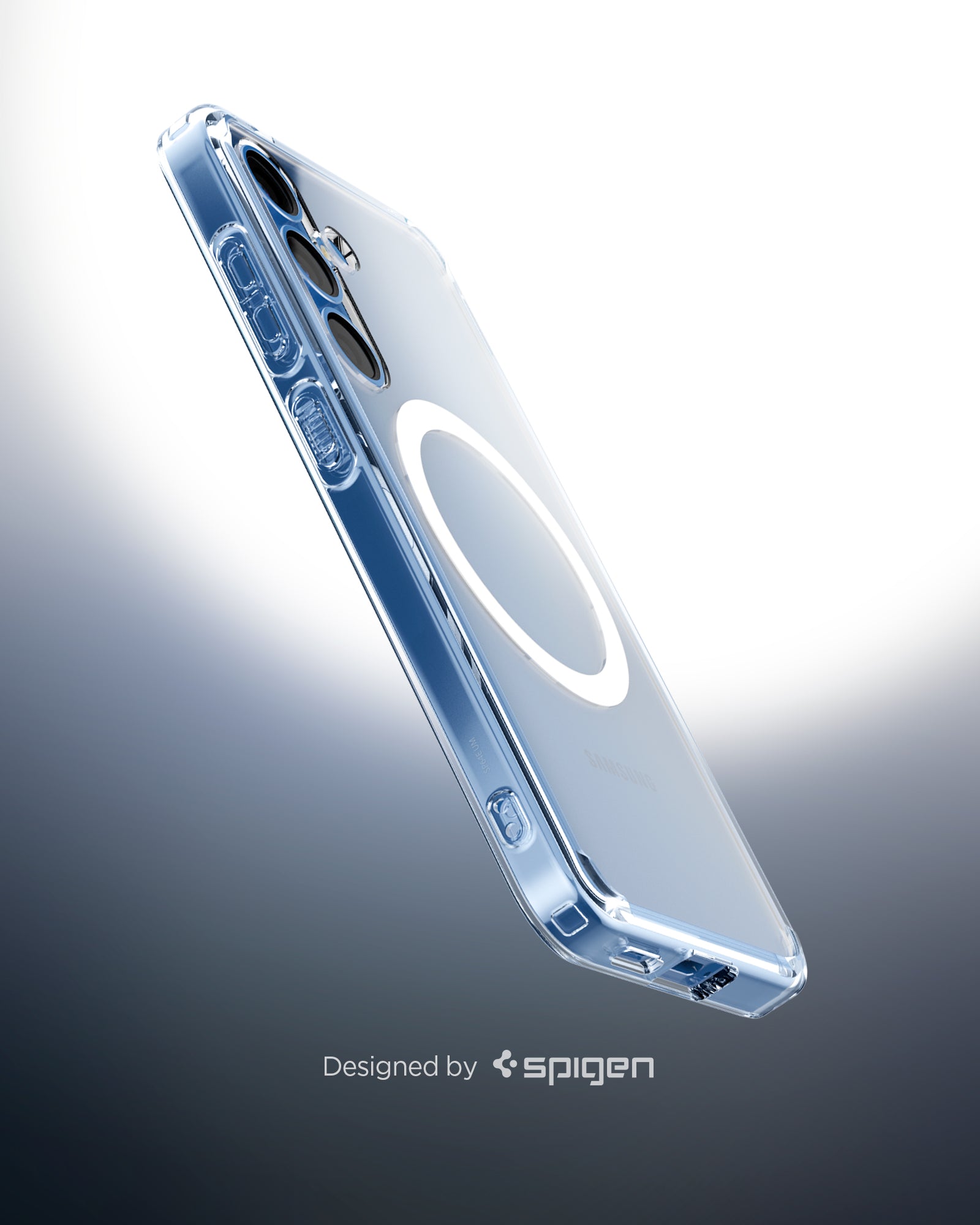 ACS09002 - Galaxy S25 Case Ultra Hybrid Metal Ring (MagFit) in Clear White showing the partial back, side and bottom