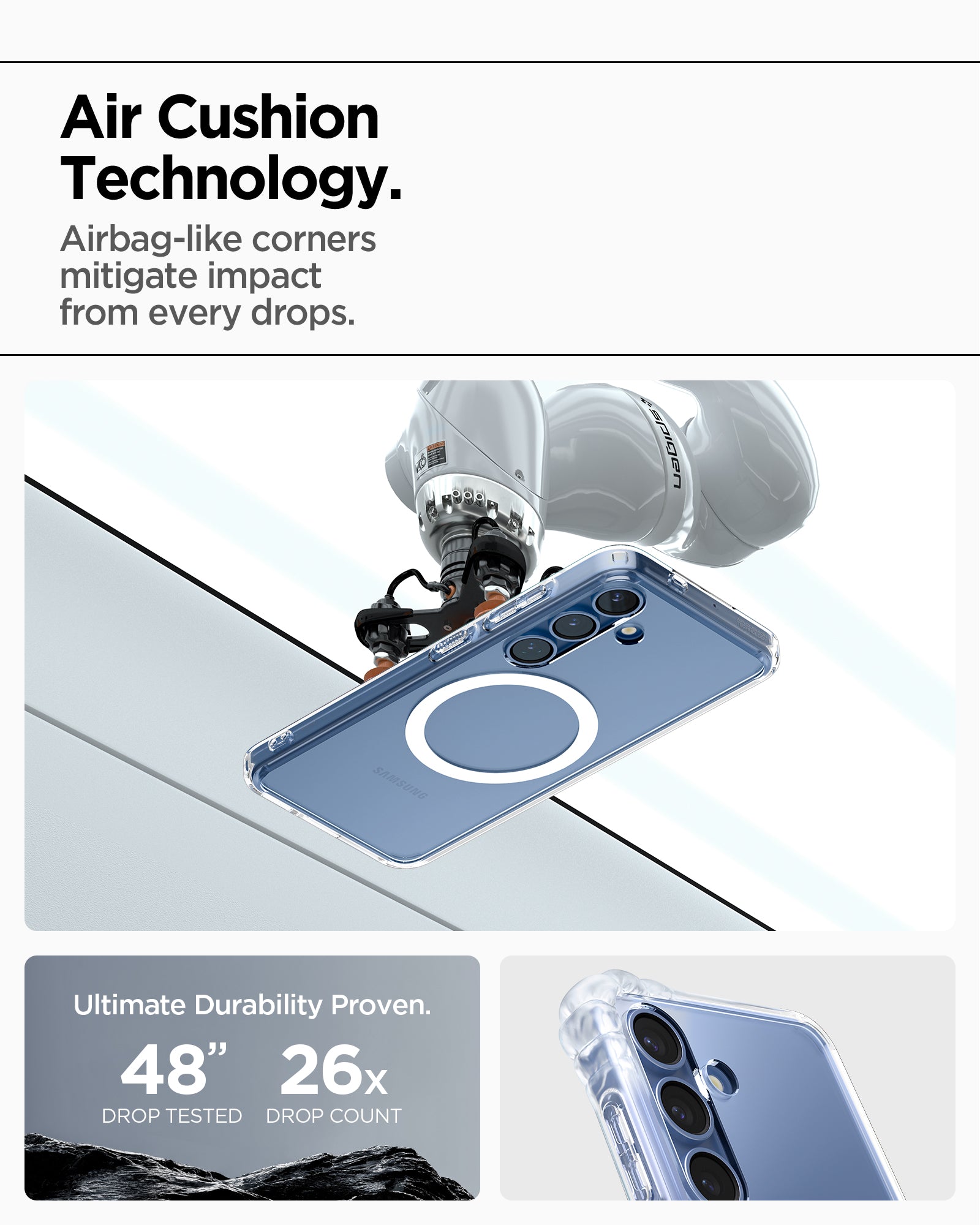 ACS09002 - Galaxy S25 Case Ultra Hybrid Metal Ring (MagFit) in Clear White showing the air cushion technology. Airbag-like corners mitigate impact from every drops. Ultimate durability proven with 48" drop tested and 26x drop count