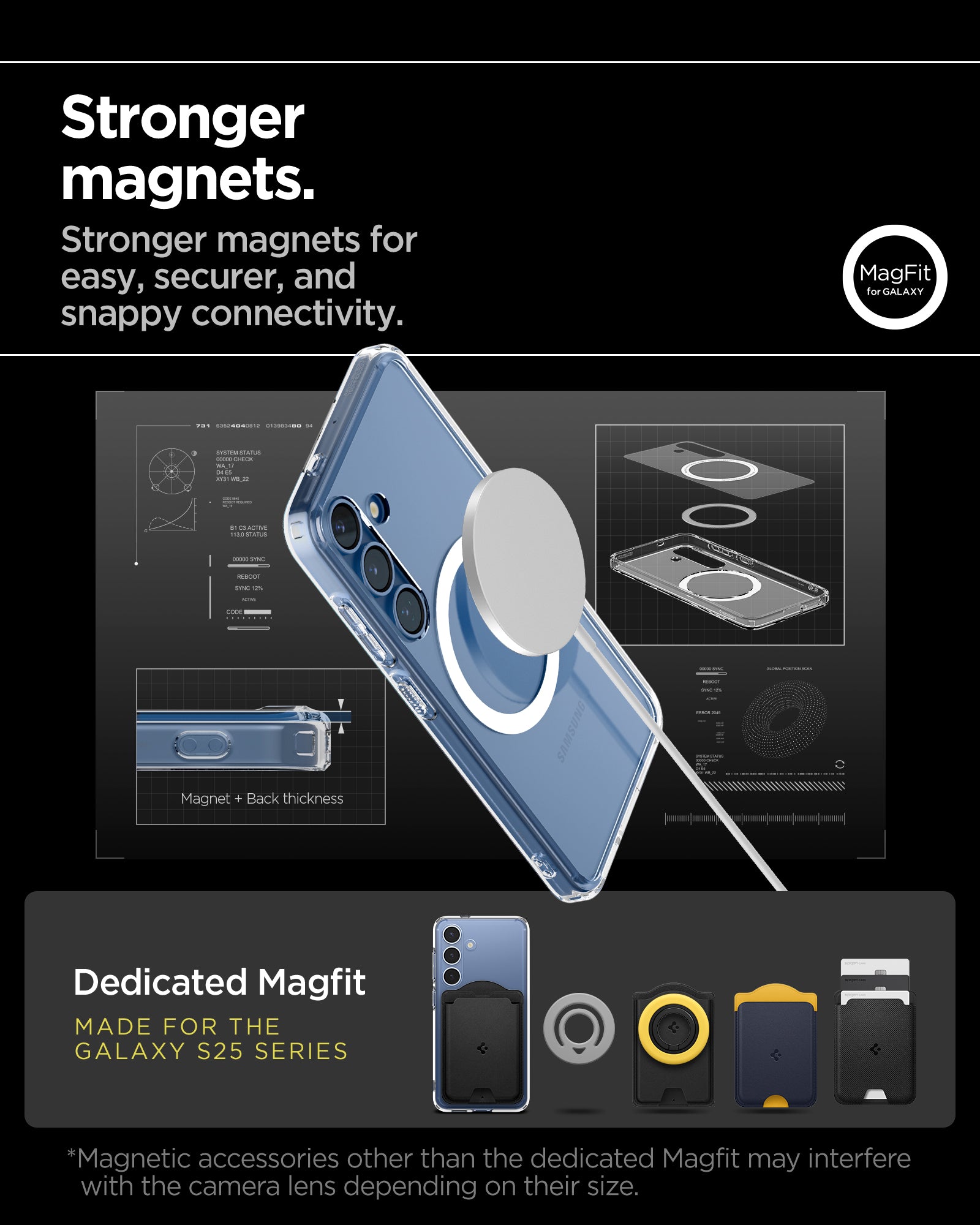 ACS09002 - Galaxy S25 Case Ultra Hybrid Metal Ring (MagFit) in Clear White showing the stronger magnets. Stronger magnets for easy, securer, and snappy connectivity. Magnetic accessories other than the dedicated Magfit may interfere wit the camera lens depending on their size