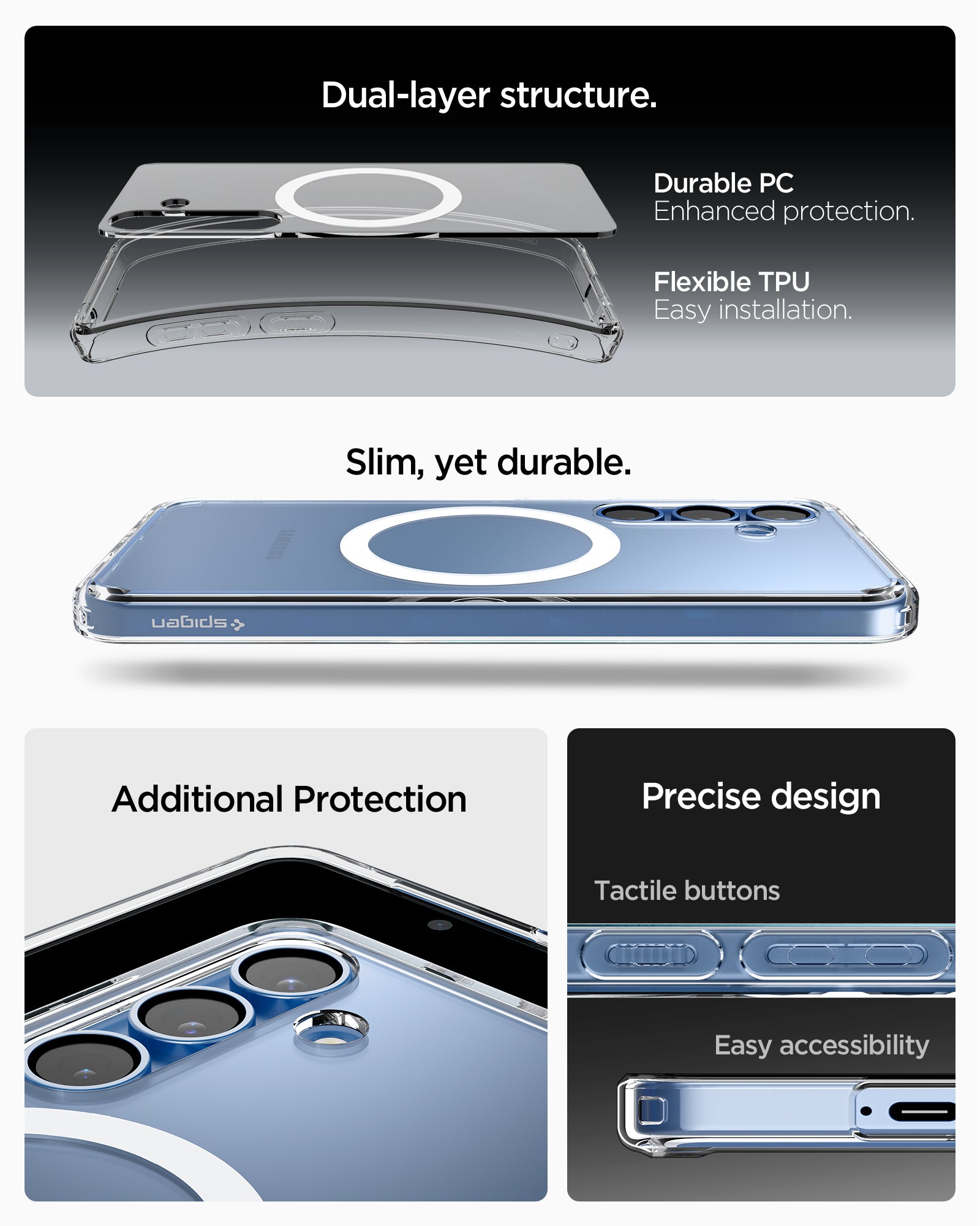 ACS09002 - Galaxy S25 Case Ultra Hybrid Metal Ring (MagFit) in Clear White showing the dual-layer structure. Made with durable PC enhanced protection and Flexible TPU easy installation. Slim, yet durable with additional protection. Precise design. tactile buttons and easy accessibility