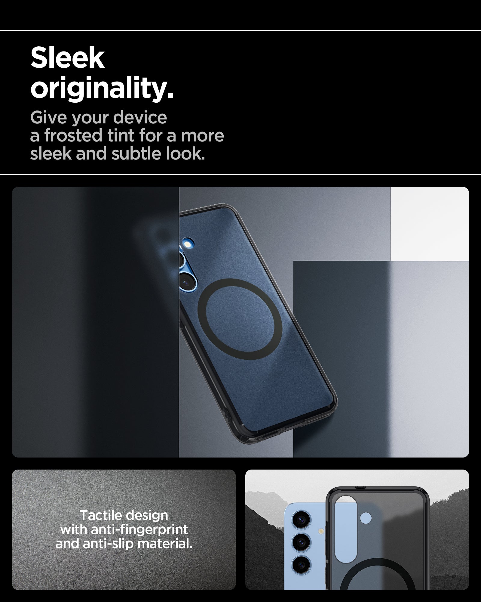 ACS09005 - Galaxy S25 Case Ultra Hybrid Metal Ring (MagFit) in Frost Black showing the sleek originality. Give your device a frosted tint for a more sleek and subtle look. Tactile design with anti-fingerprint and anti-slip material