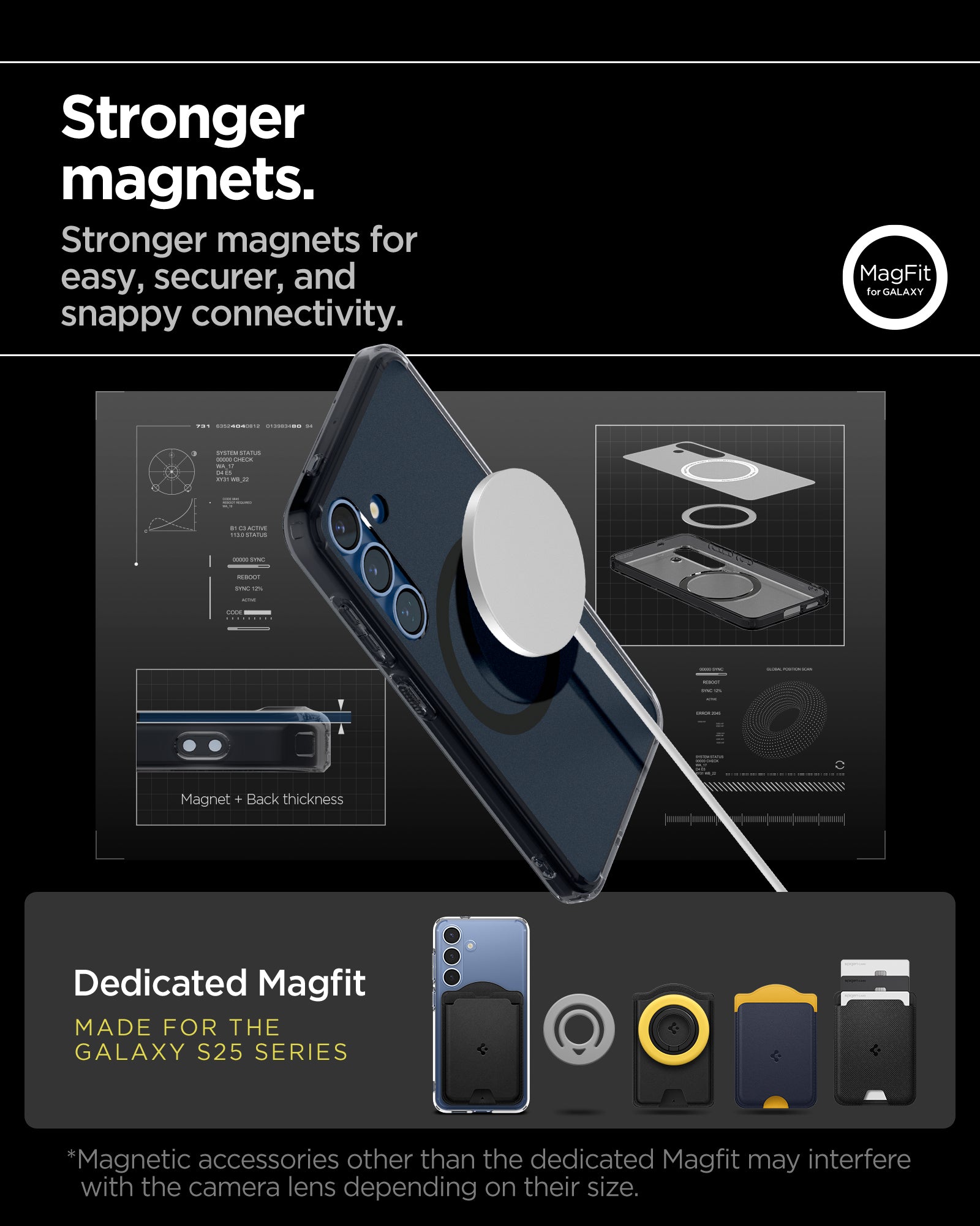 ACS09005 - Galaxy S25 Case Ultra Hybrid Metal Ring (MagFit) in Frost Black showing the stronger magnets. Stronger magnets for easy, securer, and snappy connectivity. Magnetic accessories other than the dedicated Magfit may interfere wit the camera lens depending on their size