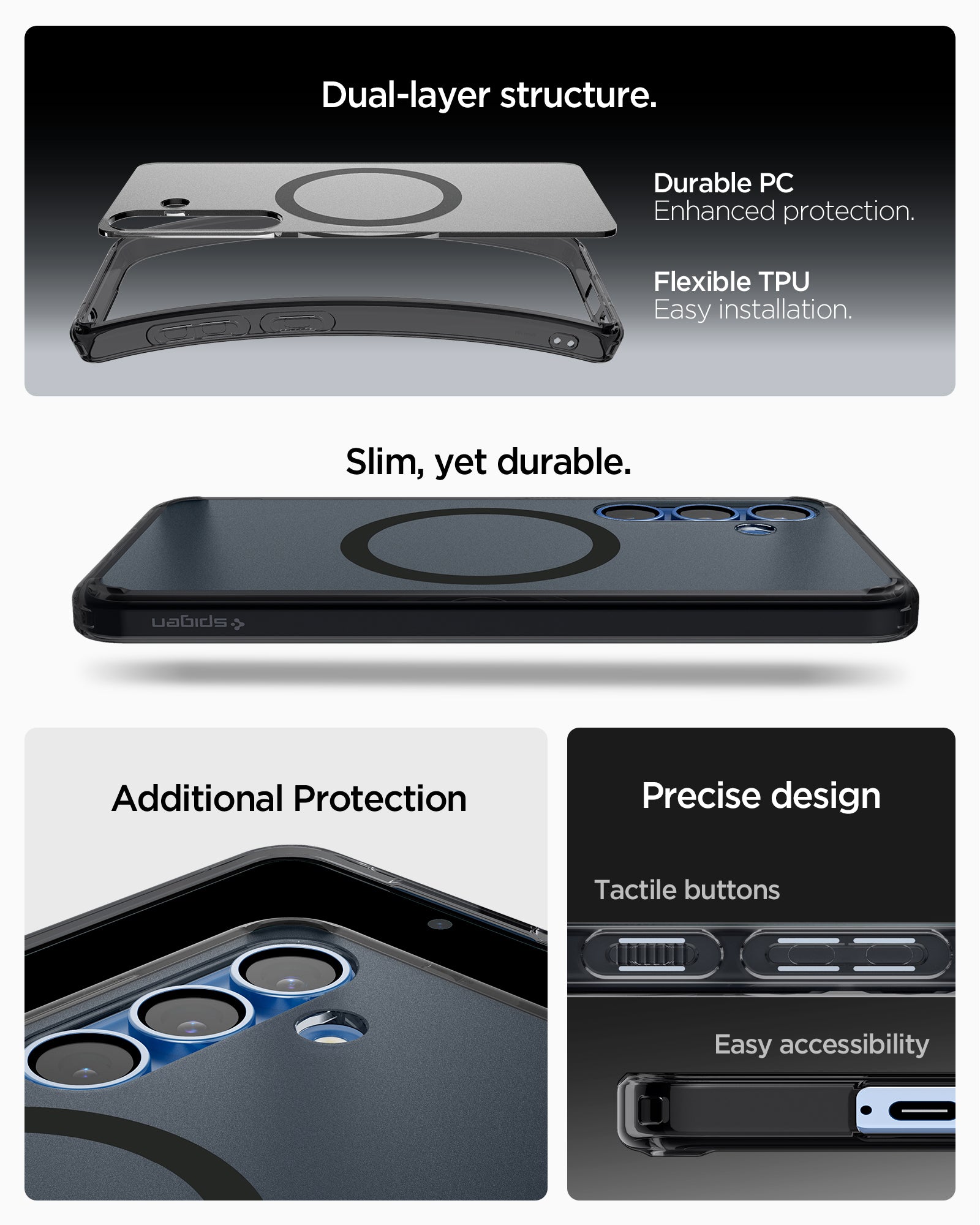 ACS09005 - Galaxy S25 Case Ultra Hybrid Metal Ring (MagFit) in Frost Black showing the dual-layer structure. Made with durable PC enhanced protection and Flexible TPU easy installation. Slim, yet durable with additional protection. Precise design. tactile buttons and easy accessibility