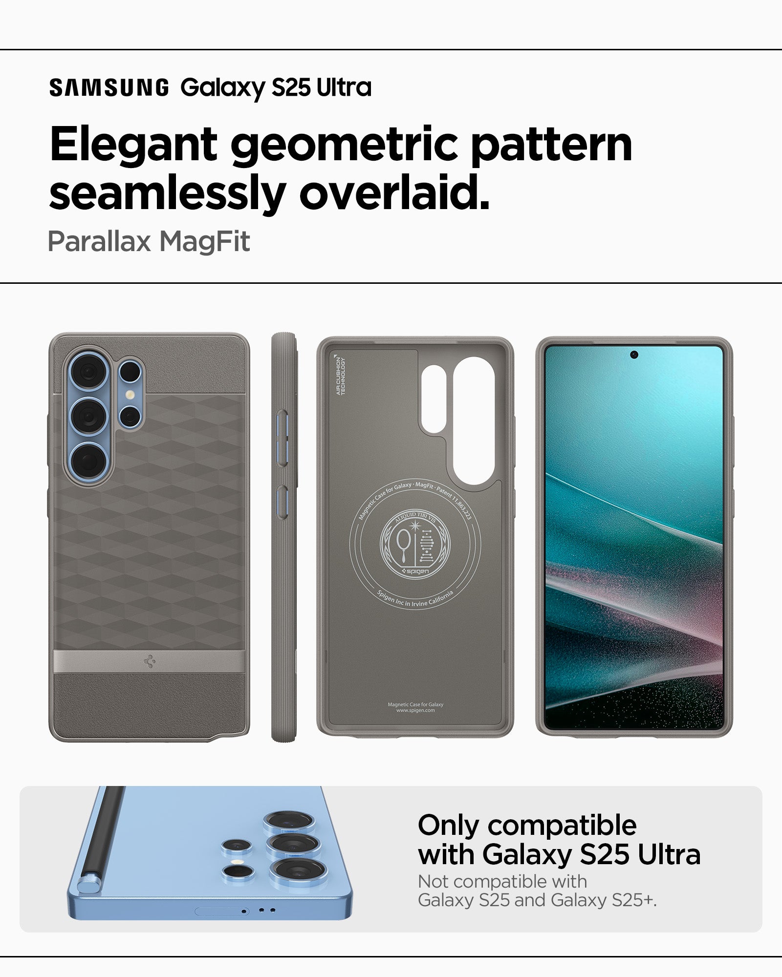ACS09055 - Galaxy S25 Ultra Case Parallax (MagFit) in Ash Gray showing the elegant geometric pattern seamlessly overlaid. Parallax MagFit. Only compatible with Galaxy S25 Ultra and not compatible with Galaxy S25 and Galaxy S25+
