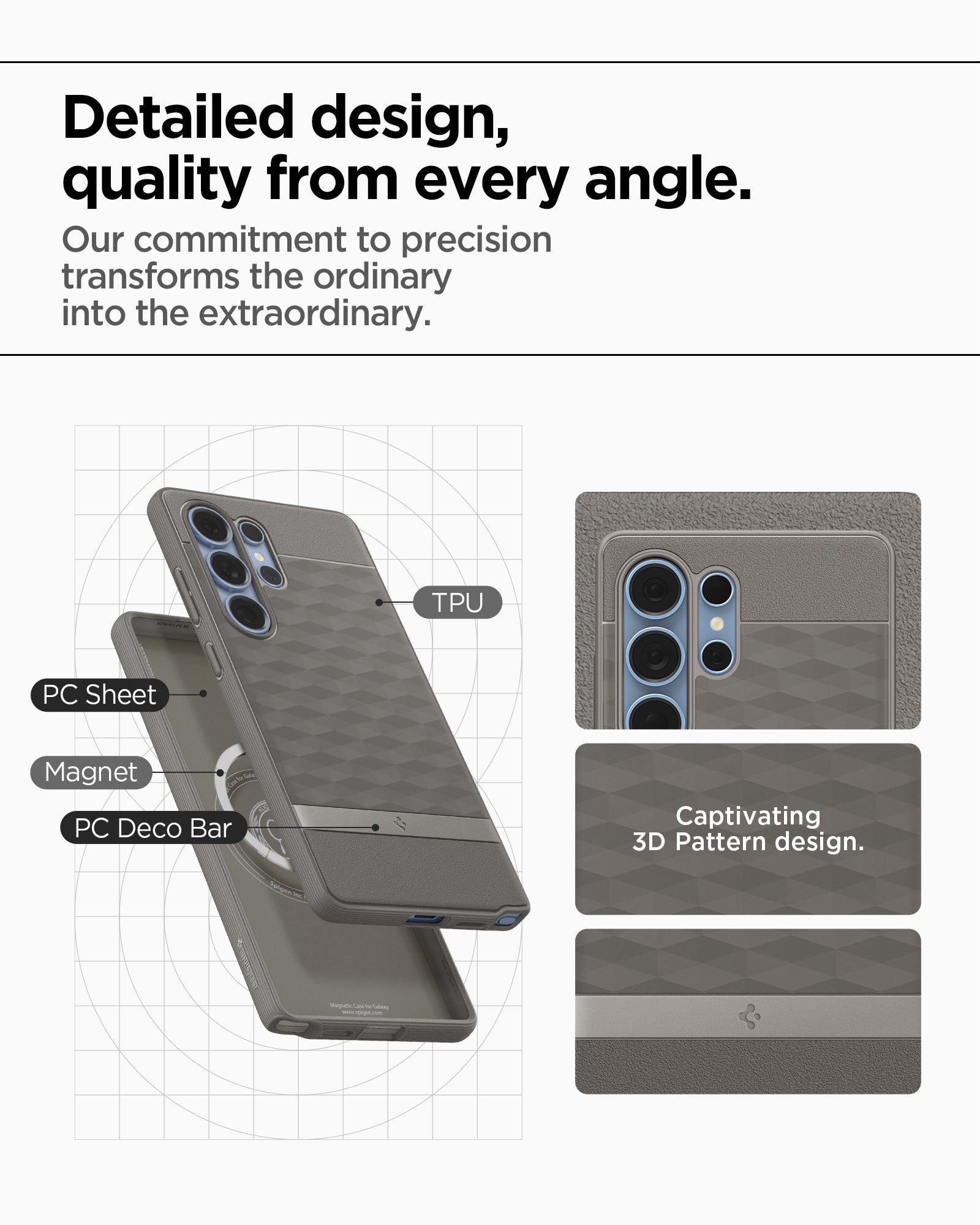ACS09055 - Galaxy S25 Ultra Case Parallax (MagFit) in Ash Gray showing the detailed design, quality from every angle. Our commitment to precision transforms the ordinary into the extraordinary. TPU, PC Sheet, Magnet and PC Decor Bar with captivating 3D pattern design