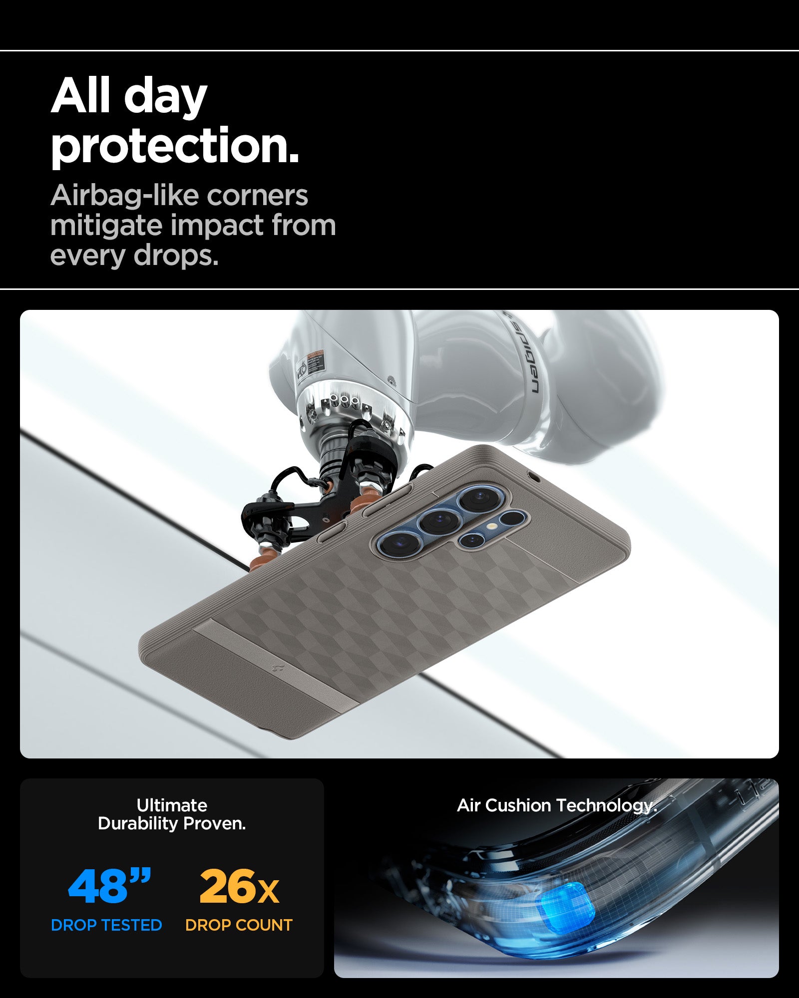 ACS09055 - Galaxy S25 Ultra Case Parallax (MagFit) in Ash Gray showing the all day protection. Airbag-like corners mitigate impact from drops. Ultimate durability proven. 48" drop tested and 26X drop count