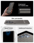 ACS09055 - Galaxy S25 Ultra Case Parallax (MagFit) in Ash Gray showing how it is engineered for a better grip. Slim, yet durable. Sound Tunnel and Additional Protection