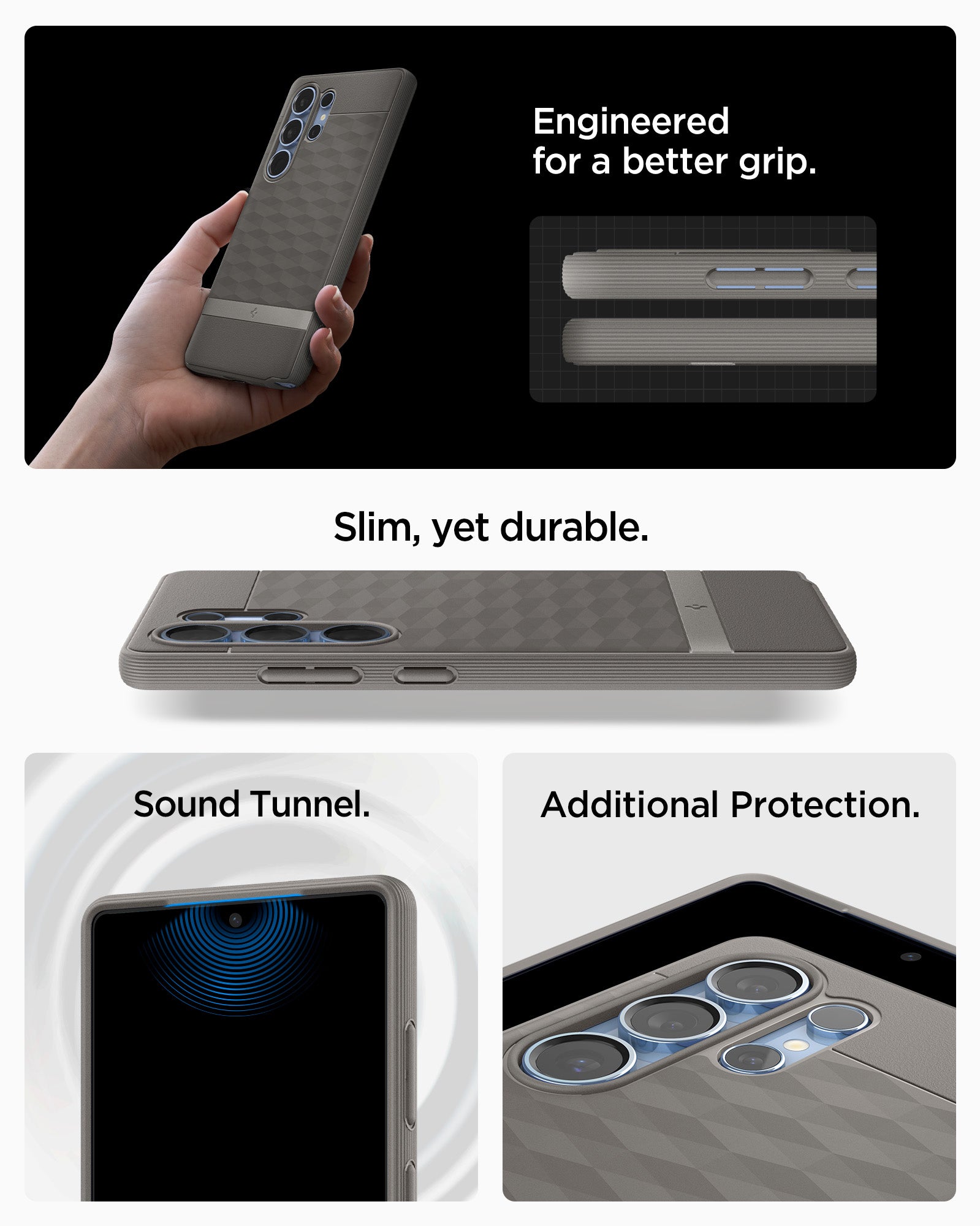 ACS09055 - Galaxy S25 Ultra Case Parallax (MagFit) in Ash Gray showing how it is engineered for a better grip. Slim, yet durable. Sound Tunnel and Additional Protection