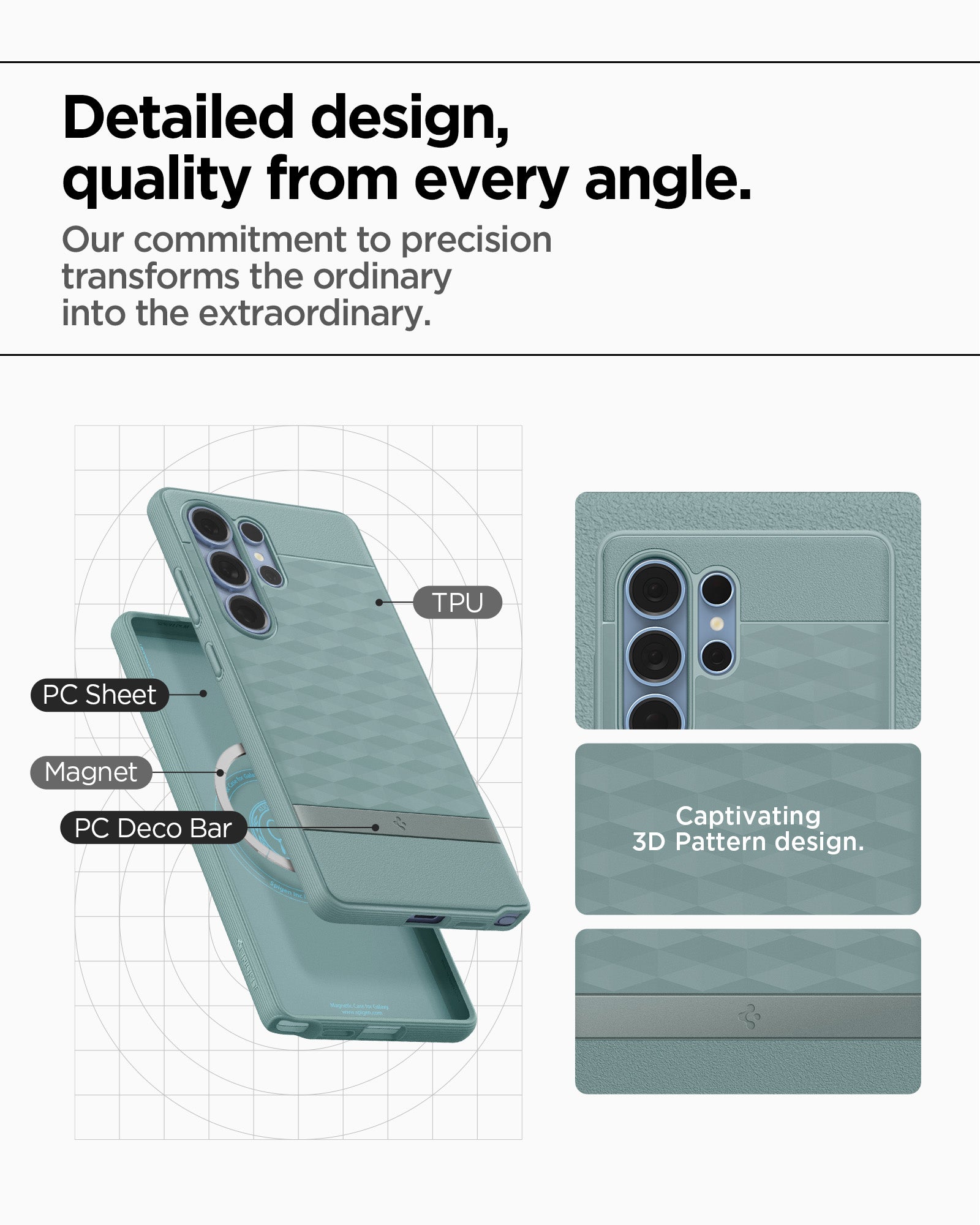 ACS09053 - Galaxy S25 Ultra Case Parallax (MagFit) in Sage Green showing the detailed design, quality from every angle. Our commitment to precision transforms the ordinary into the extraordinary. TPU, PC Sheet, Magnet and PC Decor Bar with captivating 3D pattern design