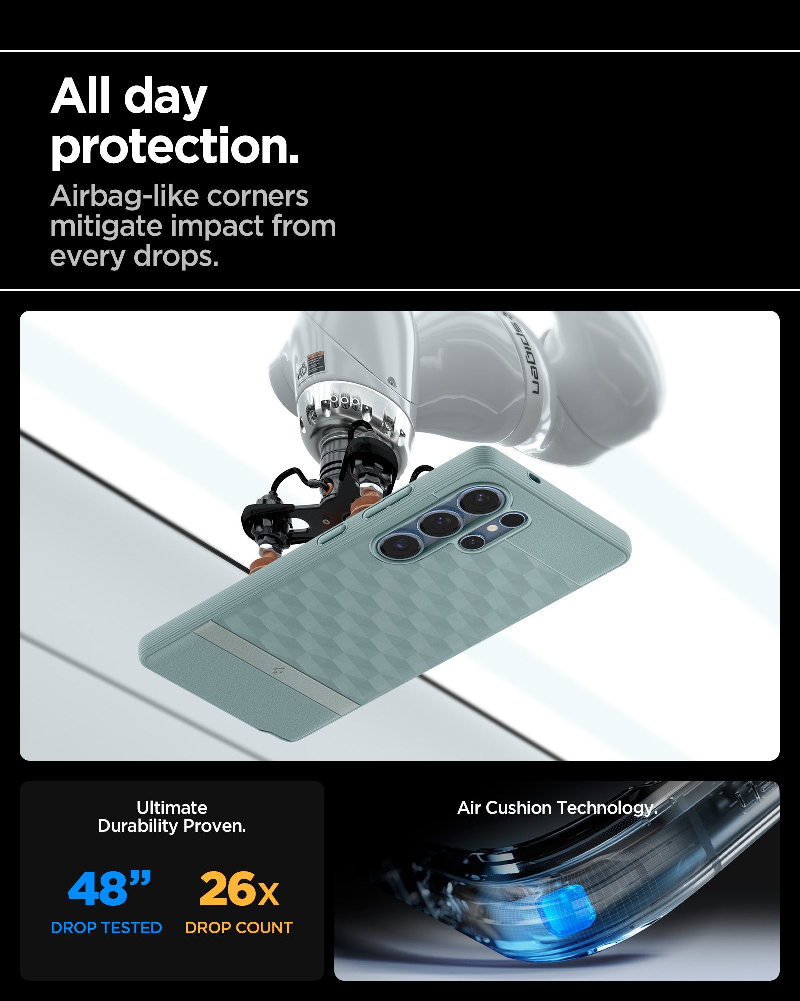 ACS09053 - Galaxy S25 Ultra Case Parallax (MagFit) in Sage Green showing the all day protection. Airbag-like corners mitigate impact from drops. Ultimate durability proven. 48" drop tested and 26X drop count