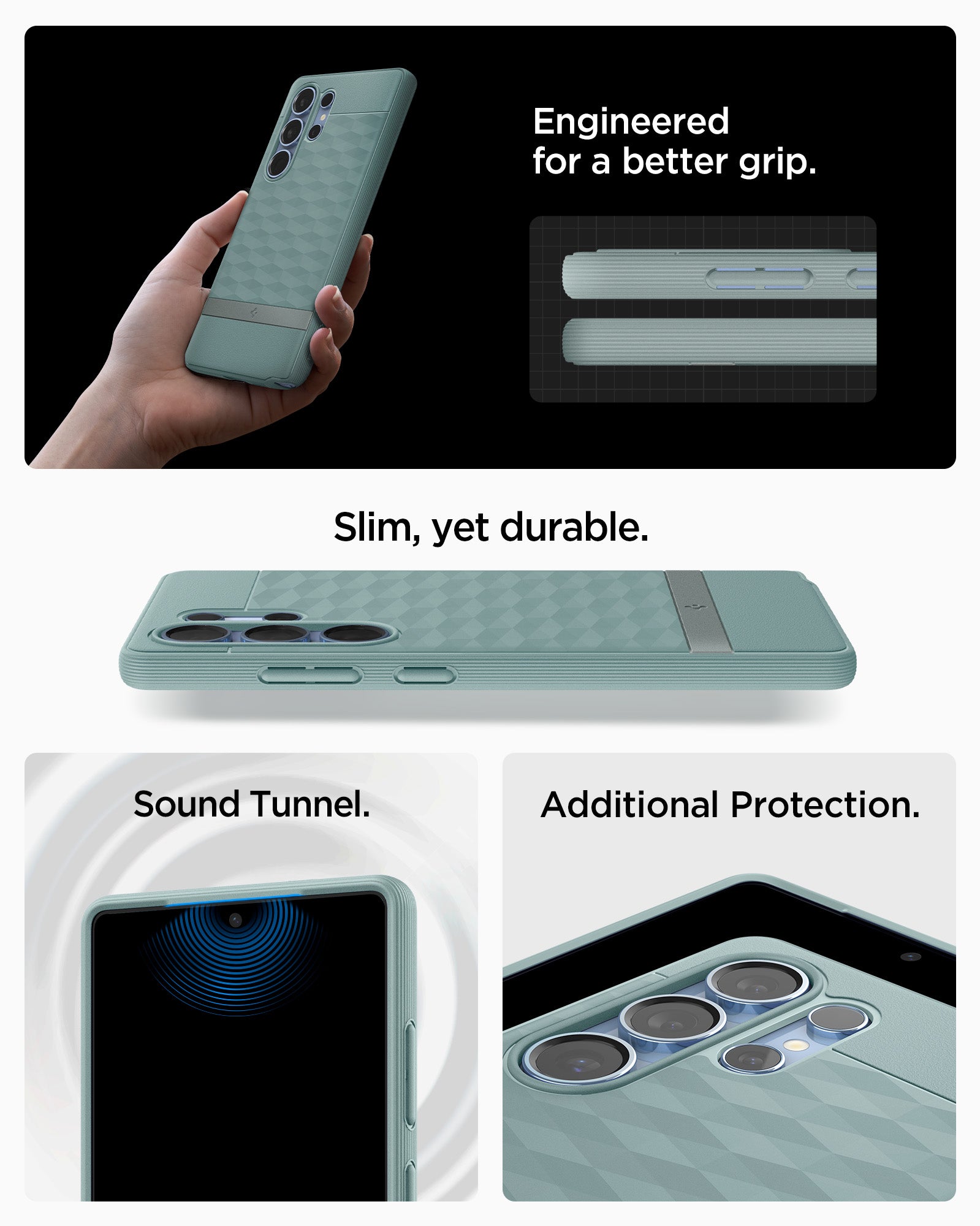 ACS09053 - Galaxy S25 Ultra Case Parallax (MagFit) in Sage Green showing how it is engineered for a better grip. Slim, yet durable. Sound Tunnel and Additional Protection