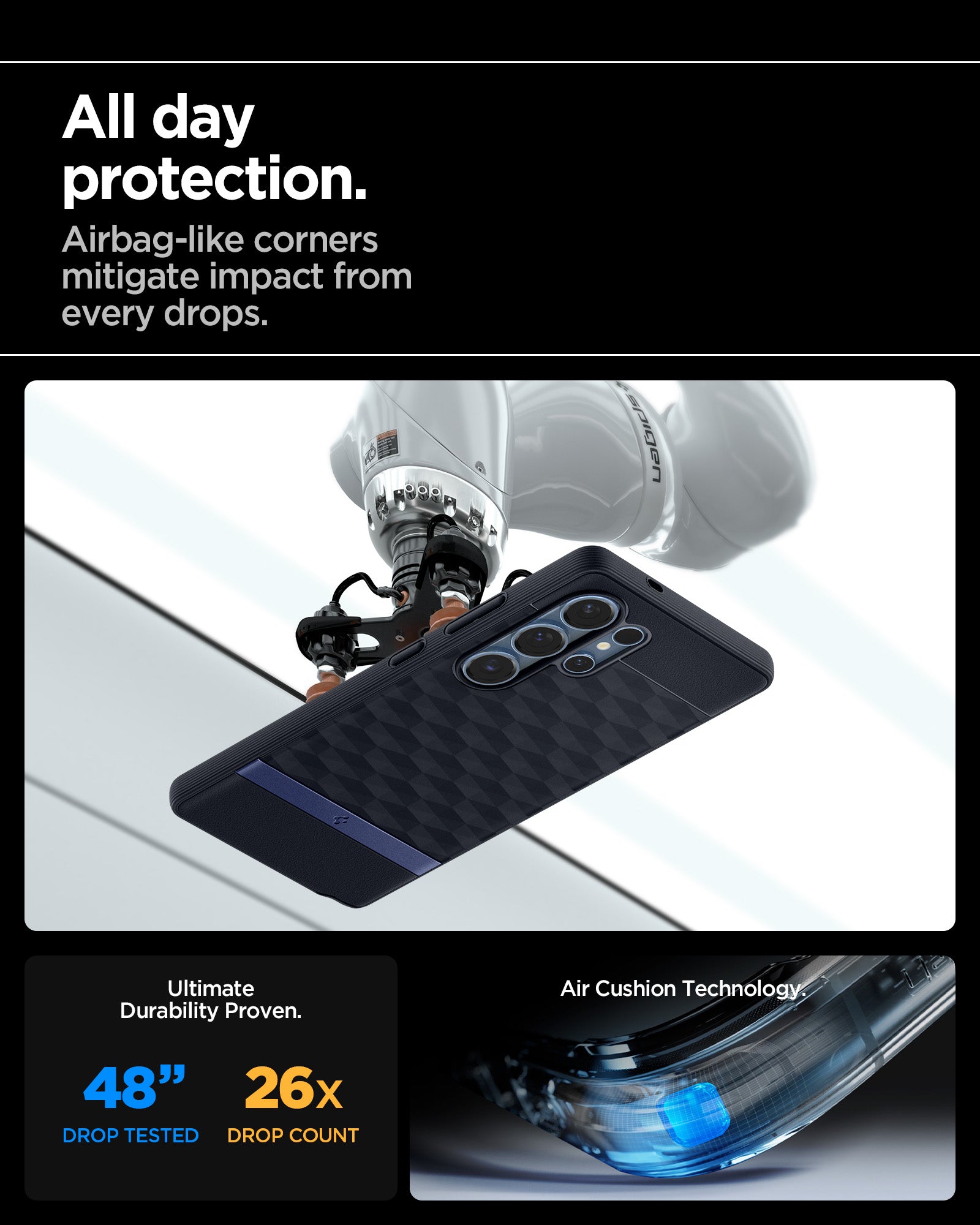 ACS09054 - Galaxy S25 Ultra Case Parallax (MagFit) in Navy Violet showing the all day protection. Airbag-like corners mitigate impact from drops. Ultimate durability proven. 48" drop tested and 26X drop count