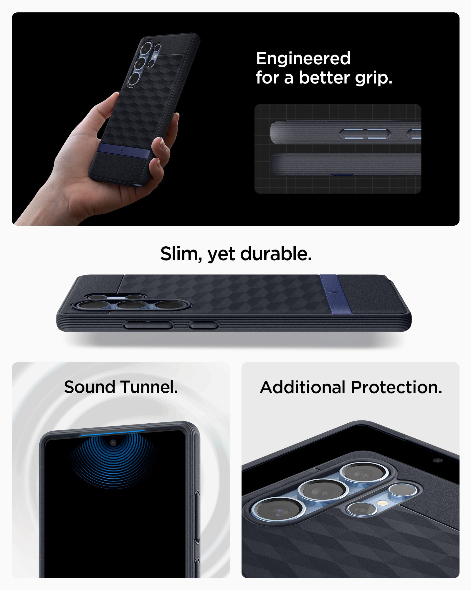 ACS09054 - Galaxy S25 Ultra Case Parallax (MagFit) in Navy Violet showing how it is engineered for a better grip. Slim, yet durable. Sound Tunnel and Additional Protection