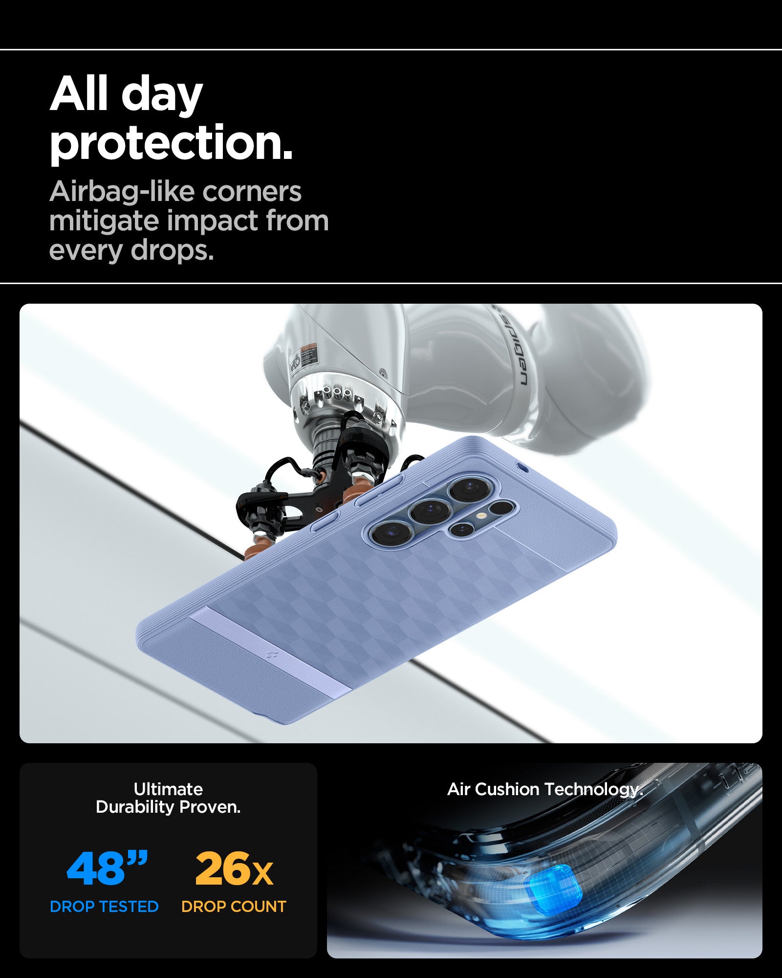 ACS09052 - Galaxy S25 Ultra Case Parallax (MagFit) in Purple-ish showing the all day protection. Airbag-like corners mitigate impact from drops. Ultimate durability proven. 48" drop tested and 26X drop count