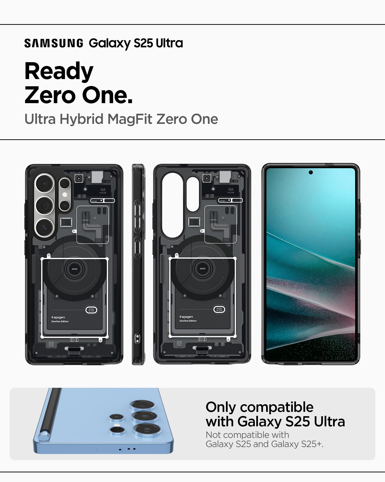ACS08957 - Galaxy S25 Ultra Case Ultra Hybrid Metal Ring Zero One (MagFit) in Zero One Black showing the compatibility. Only compatible with Galaxy S25 Ultra and not compatible with Galaxy S25 and Galaxy S25+