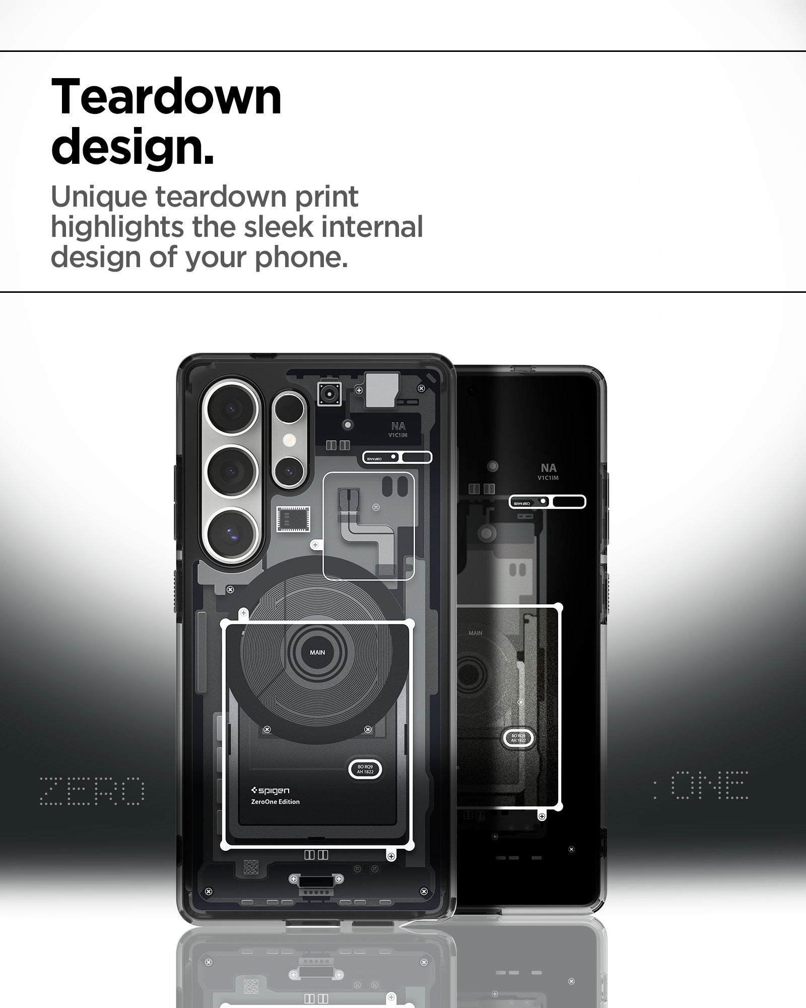 ACS08957 - Galaxy S25 Ultra Case Ultra Hybrid Metal Ring Zero One (MagFit) in Zero One Black showing the teardown design. Unique teardown print highlights the sleek internal design of your phone