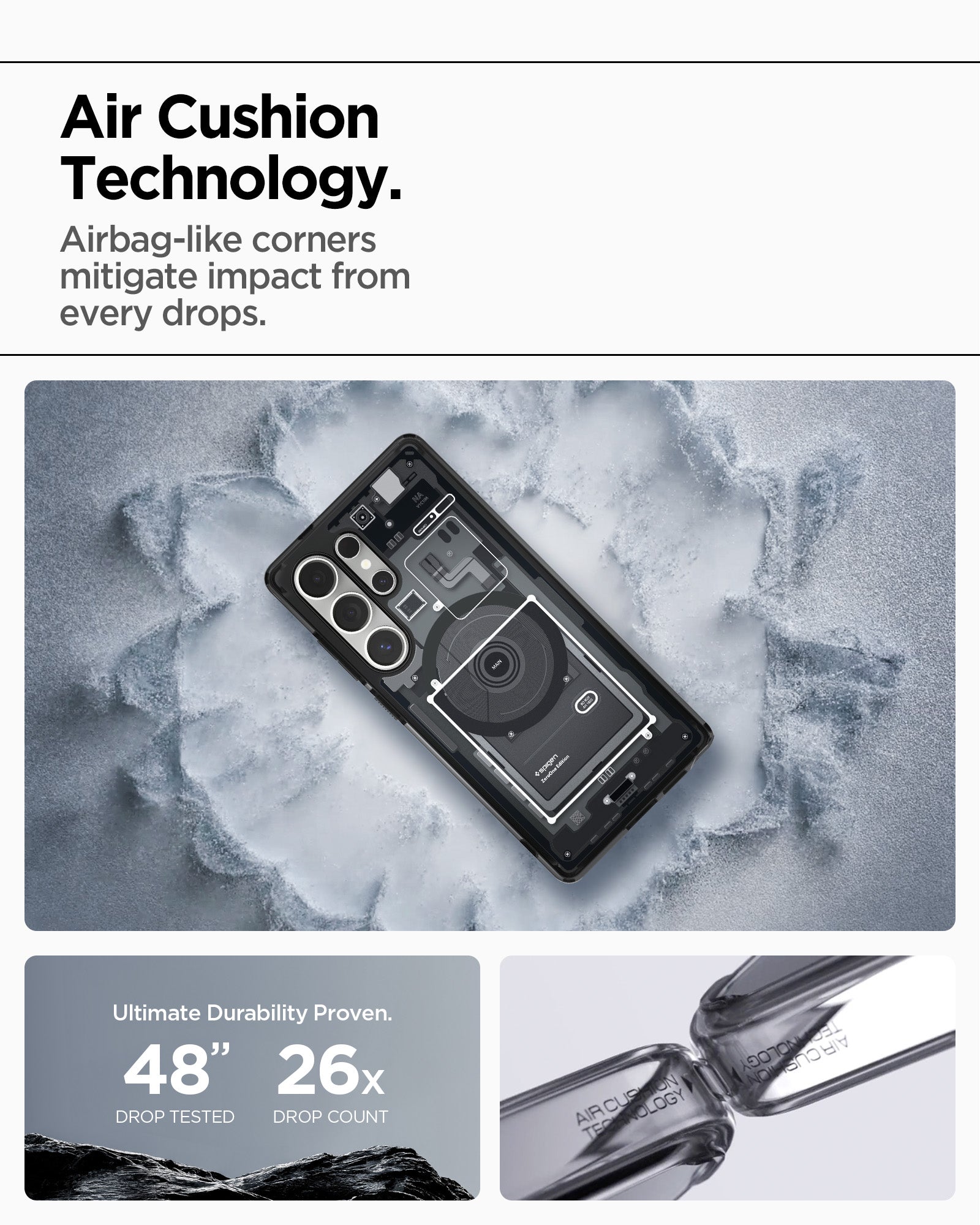 ACS08957 - Galaxy S25 Ultra Case Ultra Hybrid Metal Ring Zero One (MagFit) in Zero One Black showing the Air Cushion Technology. Airbag-like corners mitigate impact from every drops. Ultimate durability proven. 48" drop tested and 26x drop count
