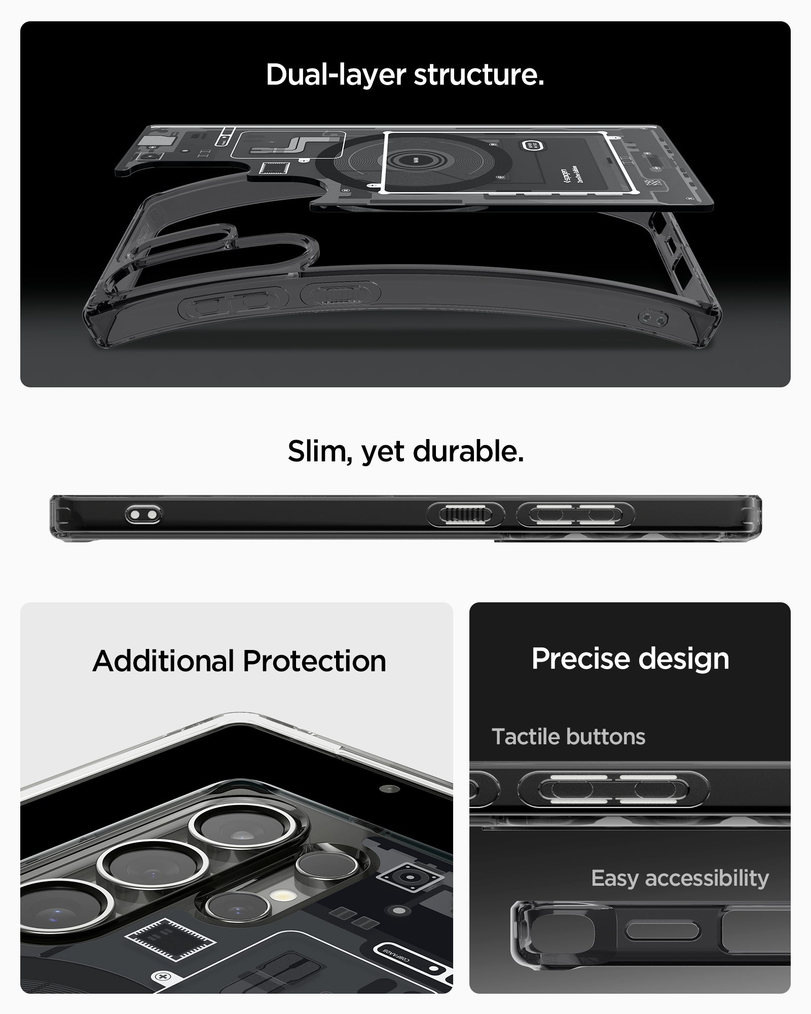 ACS08957 - Galaxy S25 Ultra Case Ultra Hybrid Metal Ring Zero One (MagFit) in Zero One Black showing the dual-layer structure. Slim, yet durable. Additional protection. Precise design with tactile buttons and easy accessibility