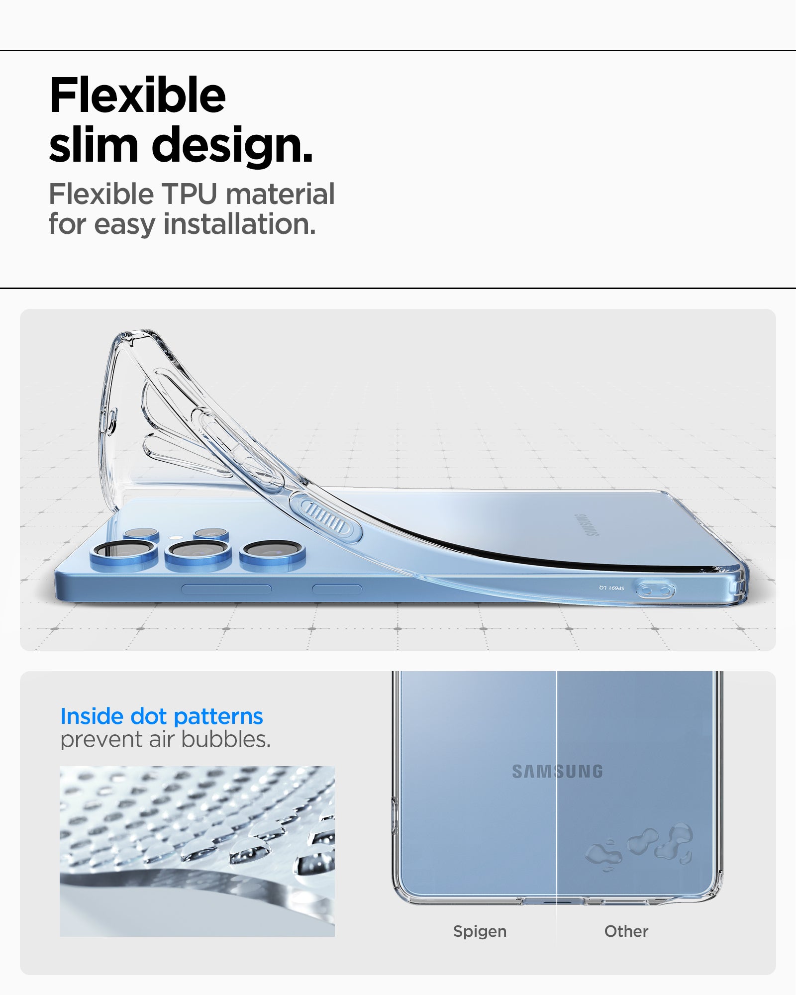 ACS08948 - Galaxy S25 Ultra Case Liquid Crystal in Crystal Clear showing the flexible slim design. Flexible TPU material for easy installation. Inside dot patterns prevent air bubbles