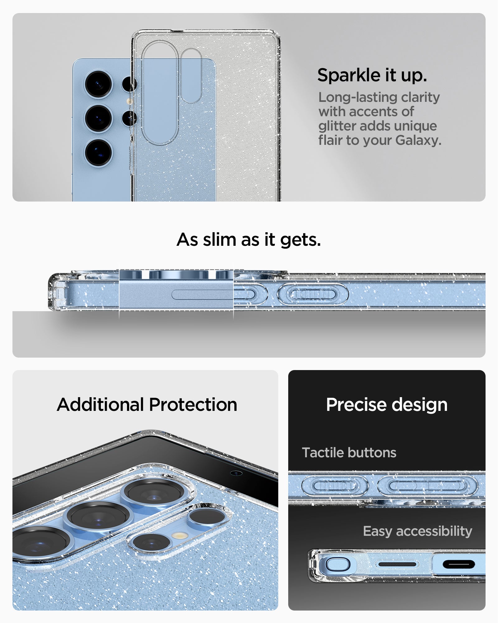 ACS08950 - Galaxy S25 Ultra Case in Crystal Quartz showing the long lasting clarity with accents of glitter adds unique flair to your Galaxy. As slim as it gets. Additional Protection. Precise design, tactile buttons and easy accessibility