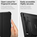 ACS01604 - Galaxy Tab S8 Case Rugged Armor Pro in black open cutout for fingerprint sensor. Precise cutout for easy accessibility to the sensor located on the power button. Easily accessible highly secured. Simply slide to access the S pen and another simple slide to secure it.