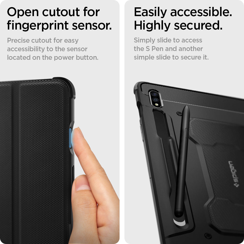 ACS01604 - Galaxy Tab S8 Case Rugged Armor Pro in black open cutout for fingerprint sensor. Precise cutout for easy accessibility to the sensor located on the power button. Easily accessible highly secured. Simply slide to access the S pen and another simple slide to secure it.