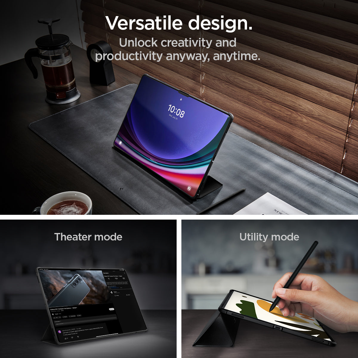 ACS06538 - Galaxy Tab S9 Ultra Case Rugged Armor Pro in black versatile design. Unlock creativity and productivity anyway anytime. Theater mode. Utility mode.