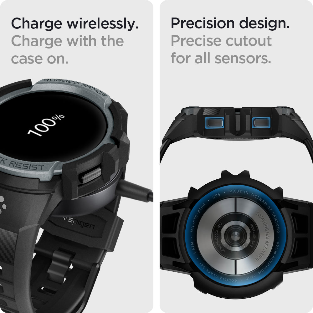 ACS03165 - Galaxy Watch 5/4 (40mm) Case Rugged Armor Pro in charcoal gray charge wirelessly. Charge on with the case on. Precision design. Precise cutout for all sensors.