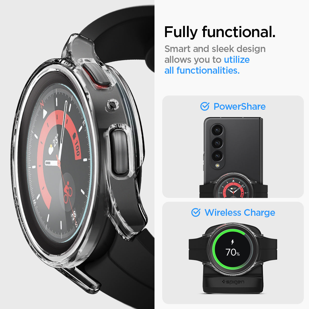 ACS05400 - Galaxy Watch 5 Pro (45mm) Case Thin Fit Glass in crystal clear fully functional. smart and sleek design allows you to utilize all functionalities. power share. wireless charge.