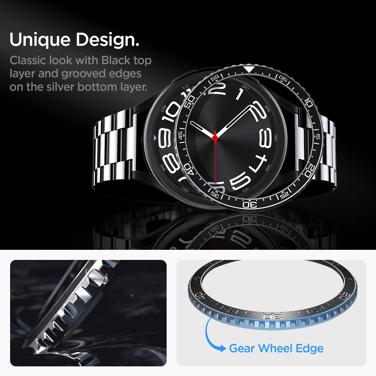 ACS06863 - Galaxy Watch 6 Classic (43mm) Bezel Tune in black unique design classic look with black top layer and grooved edges on the silver bottom layer. gear wheel edge.