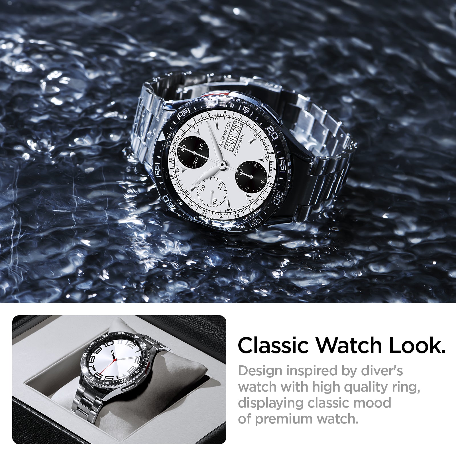 ACS06863 - Galaxy Watch 6 Classic (43mm) Bezel Tune in black classic watch look. design inspired by driver's watch with high quality ring, displaying classic mood of premium watch.