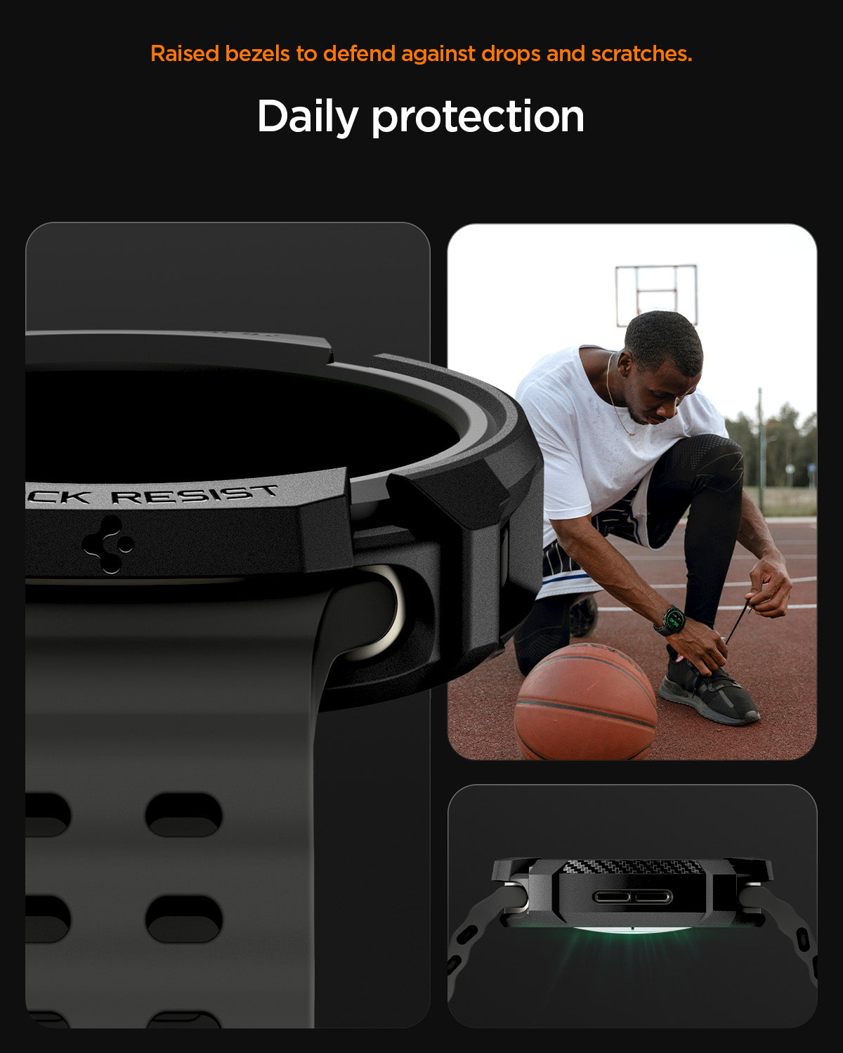 ACS10004 - Galaxy Watch 8 40mm Rugged Armor showing raised bezels to defend against drops and scratches. Daily protection.