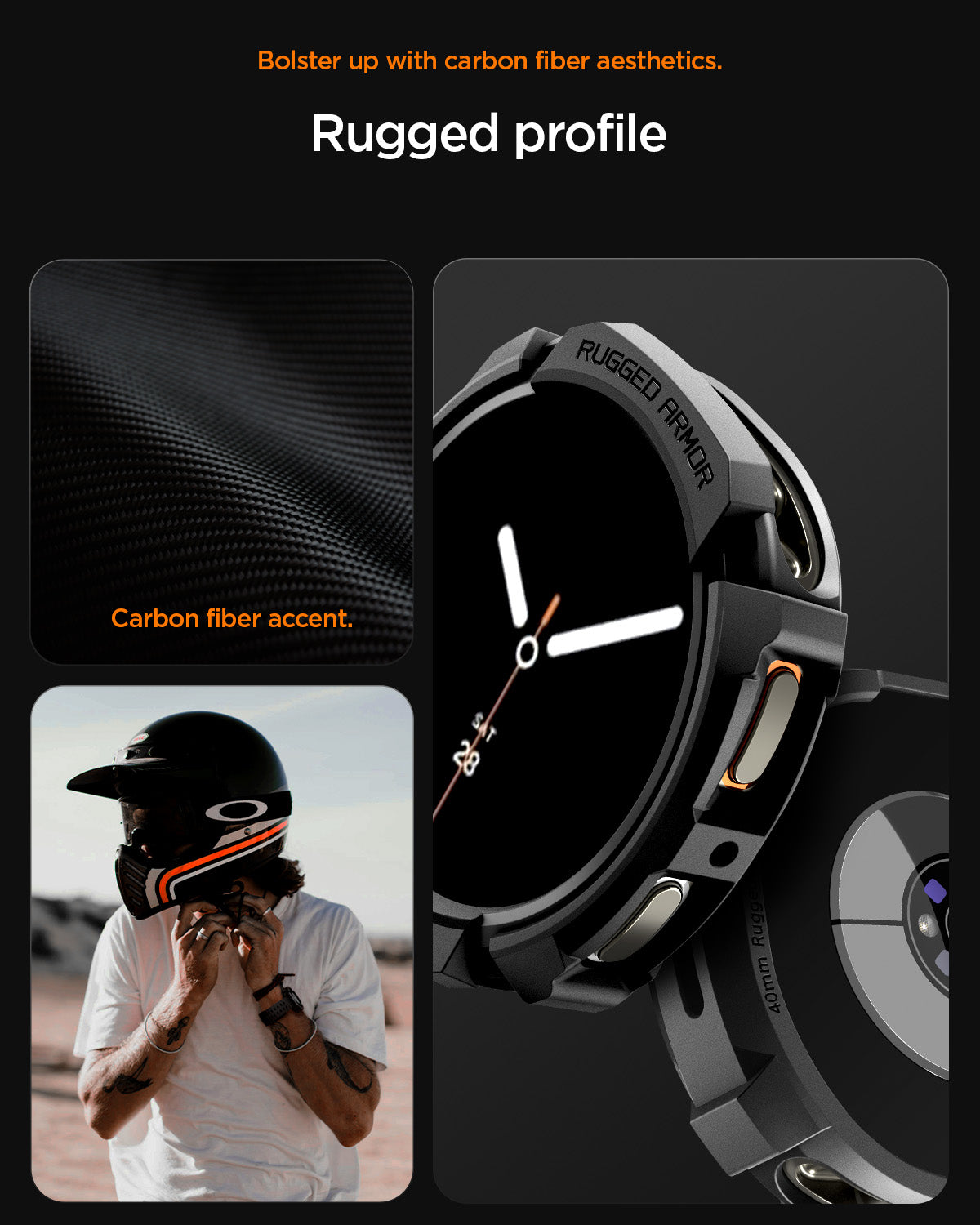 ACS10004 - Galaxy Watch 8 40mm Rugged Armor showing bolster up with carbon fiber aesthetics. rugged profile.