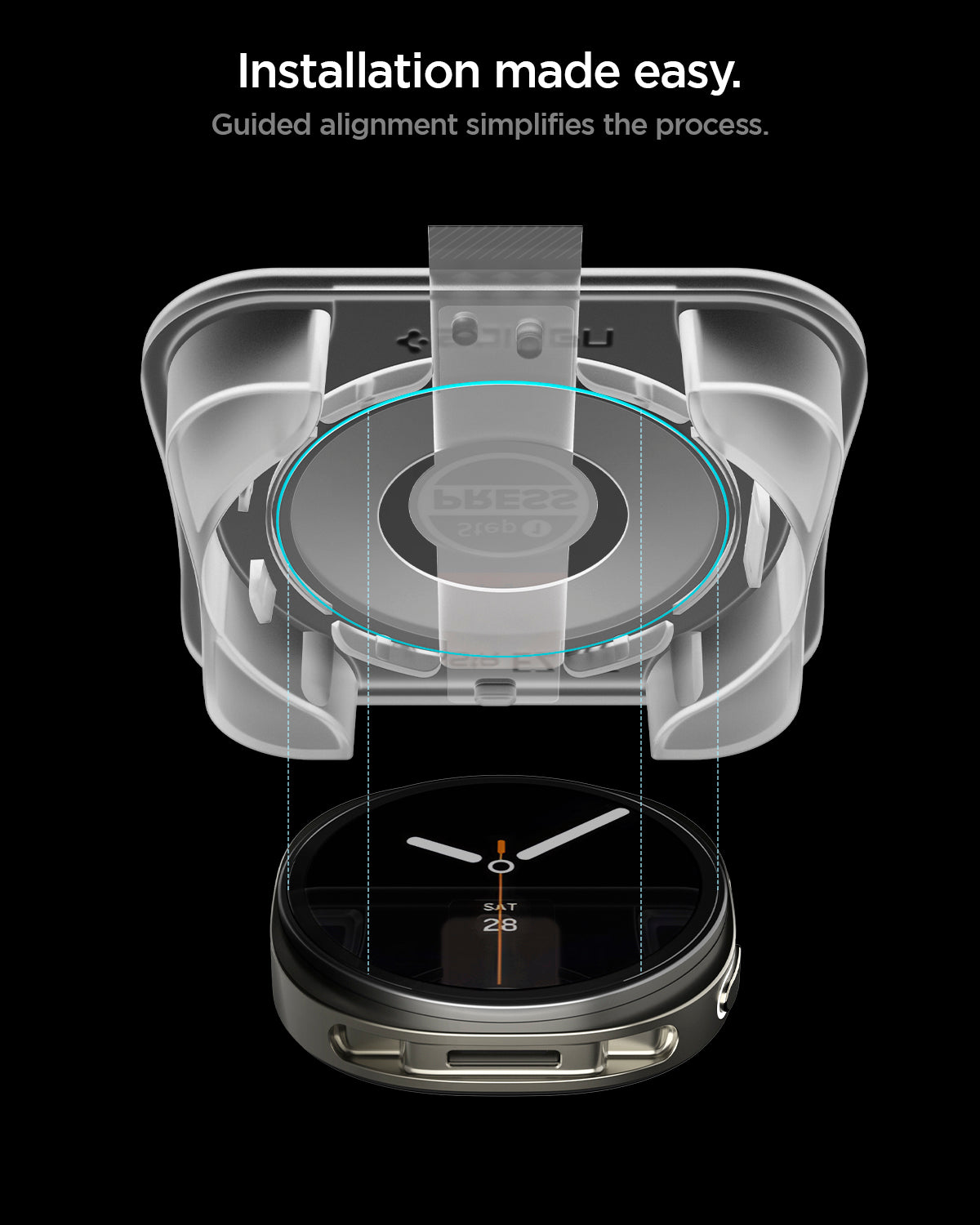 AGL09876 - Galaxy Watch 8 44mm GLAS.tR EZ Fit showing installation made easy. guided alignment simplifies the process.