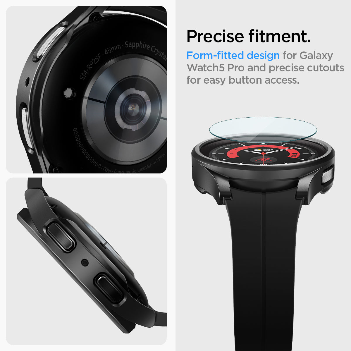 ACS05589 - Galaxy Watch 5 Pro (45mm) Case Thin Fit Glass in black precise fitment. form fitted design for galaxy watch 5 pro and precise cutouts or easy button access.