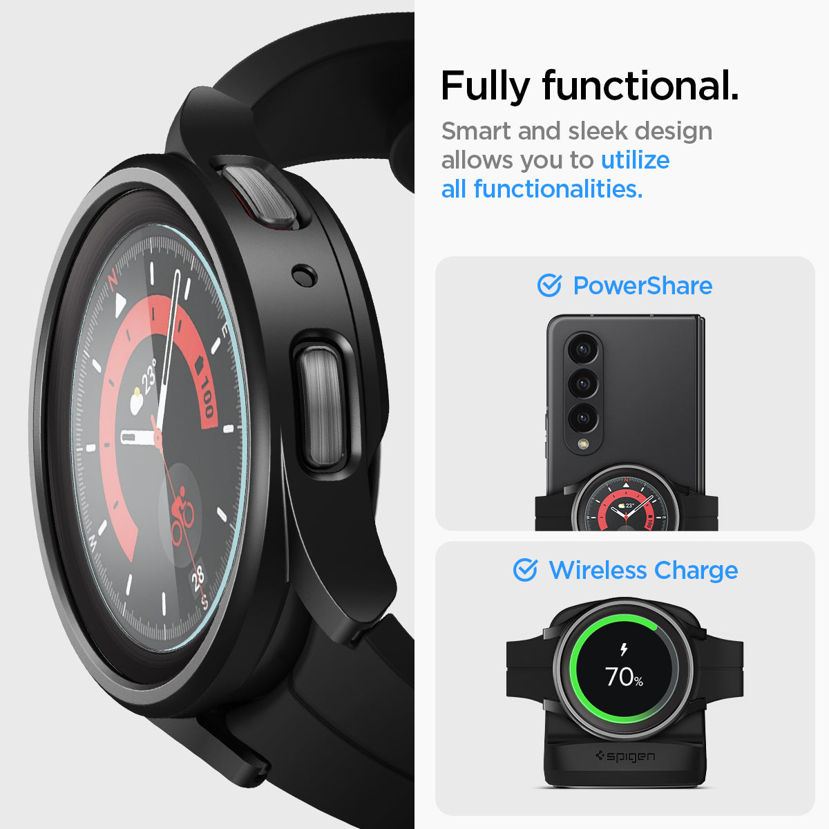 ACS05589 - Galaxy Watch 5 Pro (45mm) Case Thin Fit Glass in black fully functional. smart and sleek design allows you to utilize all functionalities. power share. wireless charge.