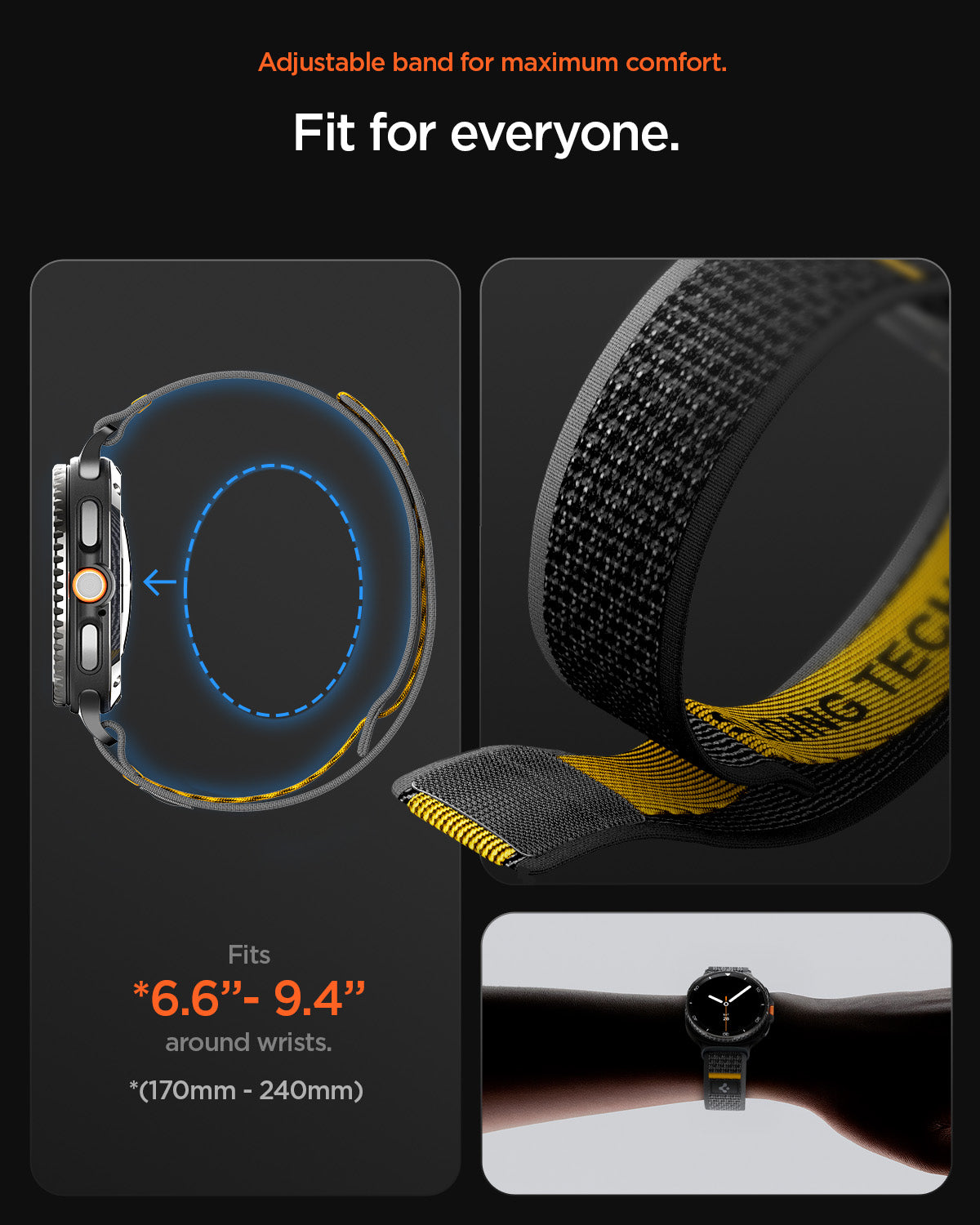 AMP10111 - Galaxy Watch 8 Series Athlex Air in Active Black showing fit for everyone. adjustable band for maximum comfort.