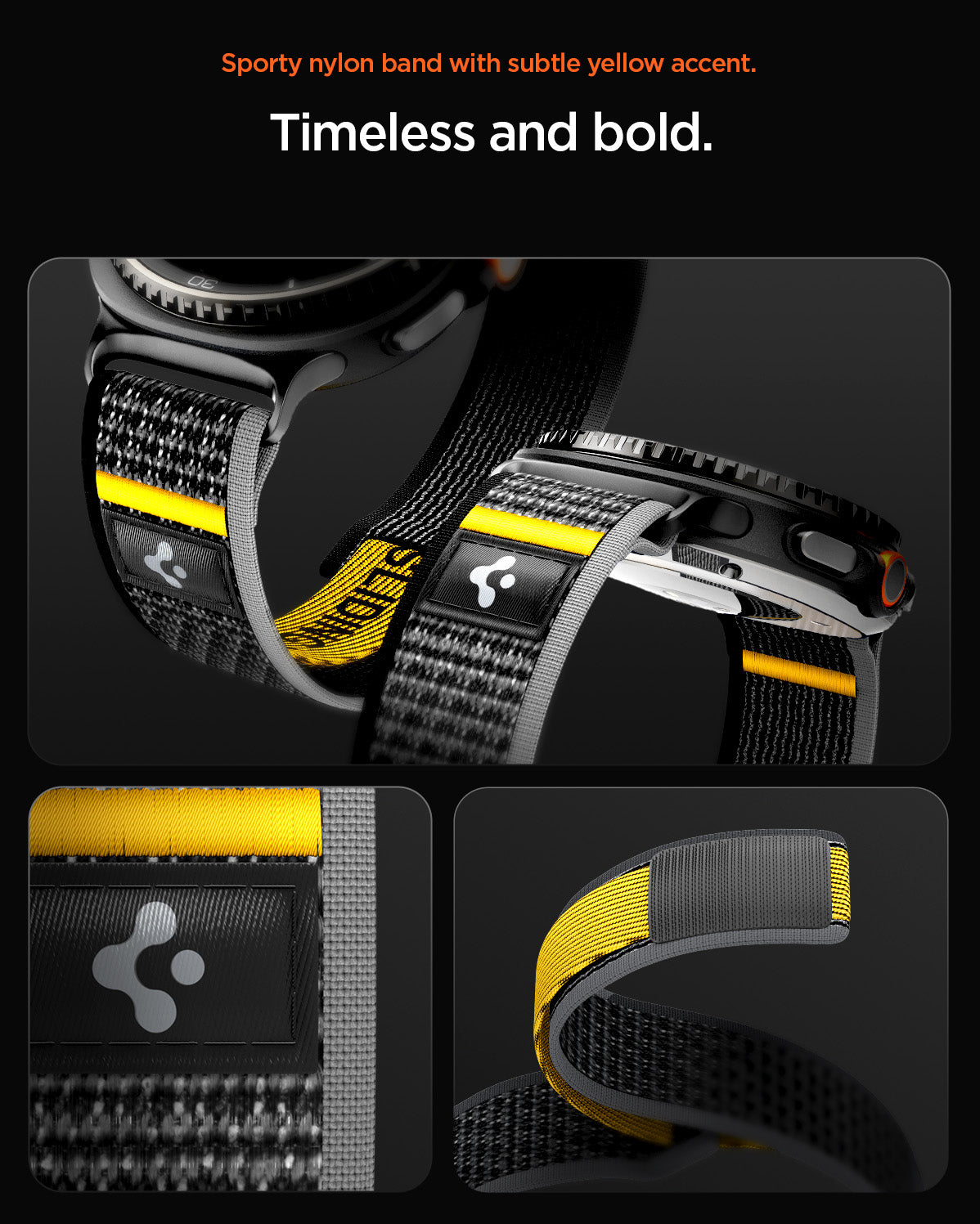 AMP10111 - Galaxy Watch 8 Series Athlex Air in Active Black showing timeless and bold. sporty nylon band with subtle yellow accent.