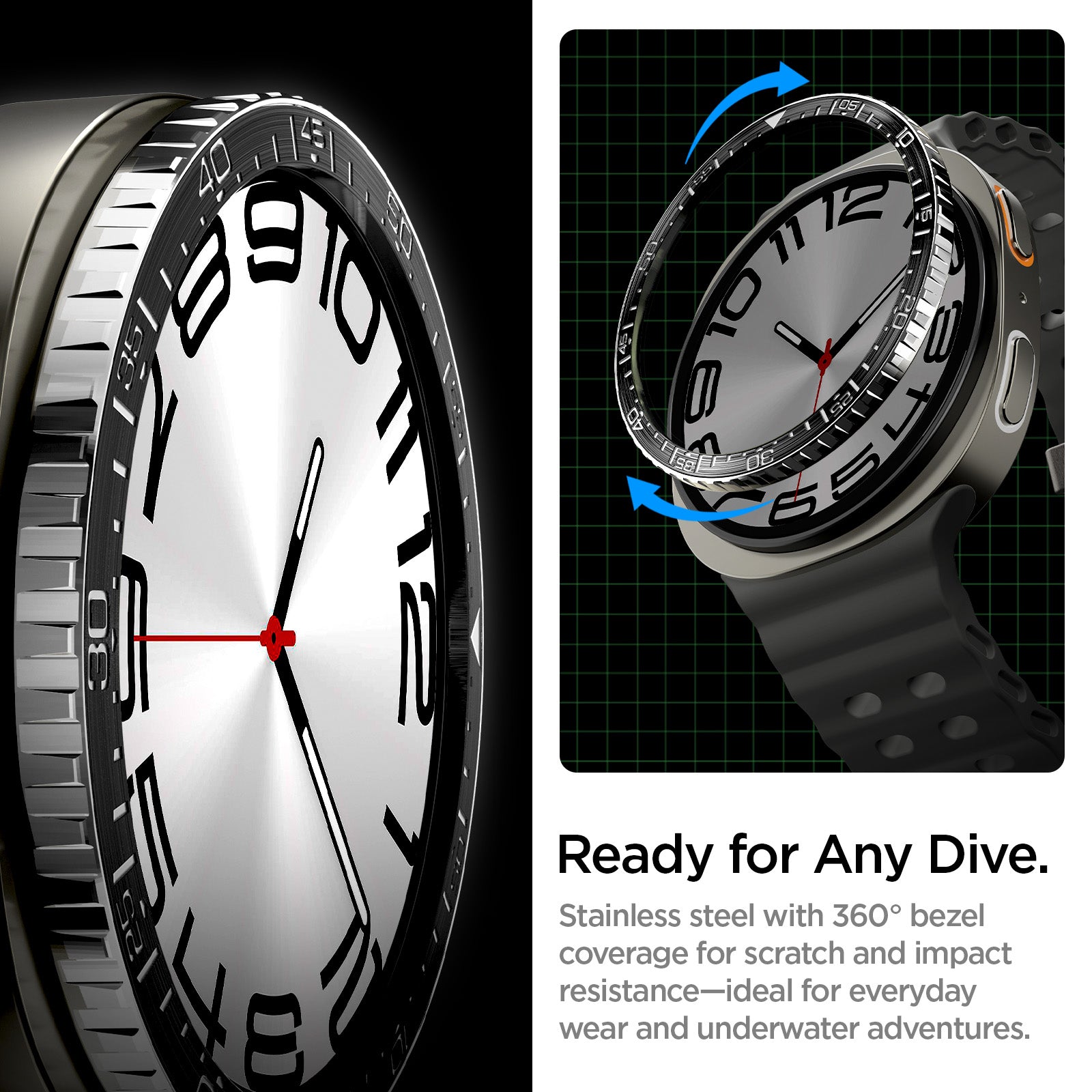 ACS10008 - Galaxy Watch 8 44mm Bezel Tune in black ready for any dive. stainless steel with 360 bezel coverage for scratch and impact resistance ideal for everyday wear and underwater adventures