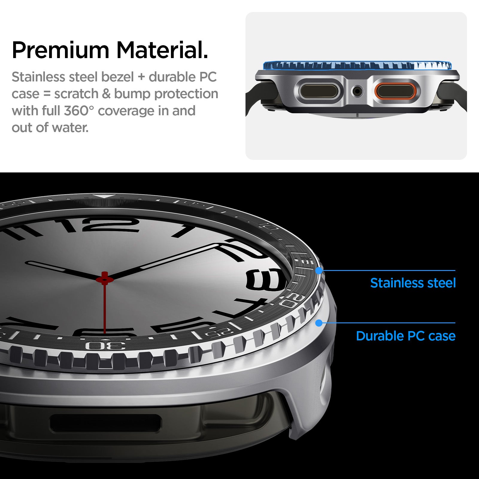 ACS10010 - Galaxy Watch 8 Bezel Tune Pro in black showing premium material, stainless steel bezel + durable pc case scratch and bump protection with full 360 coverage in and out of water