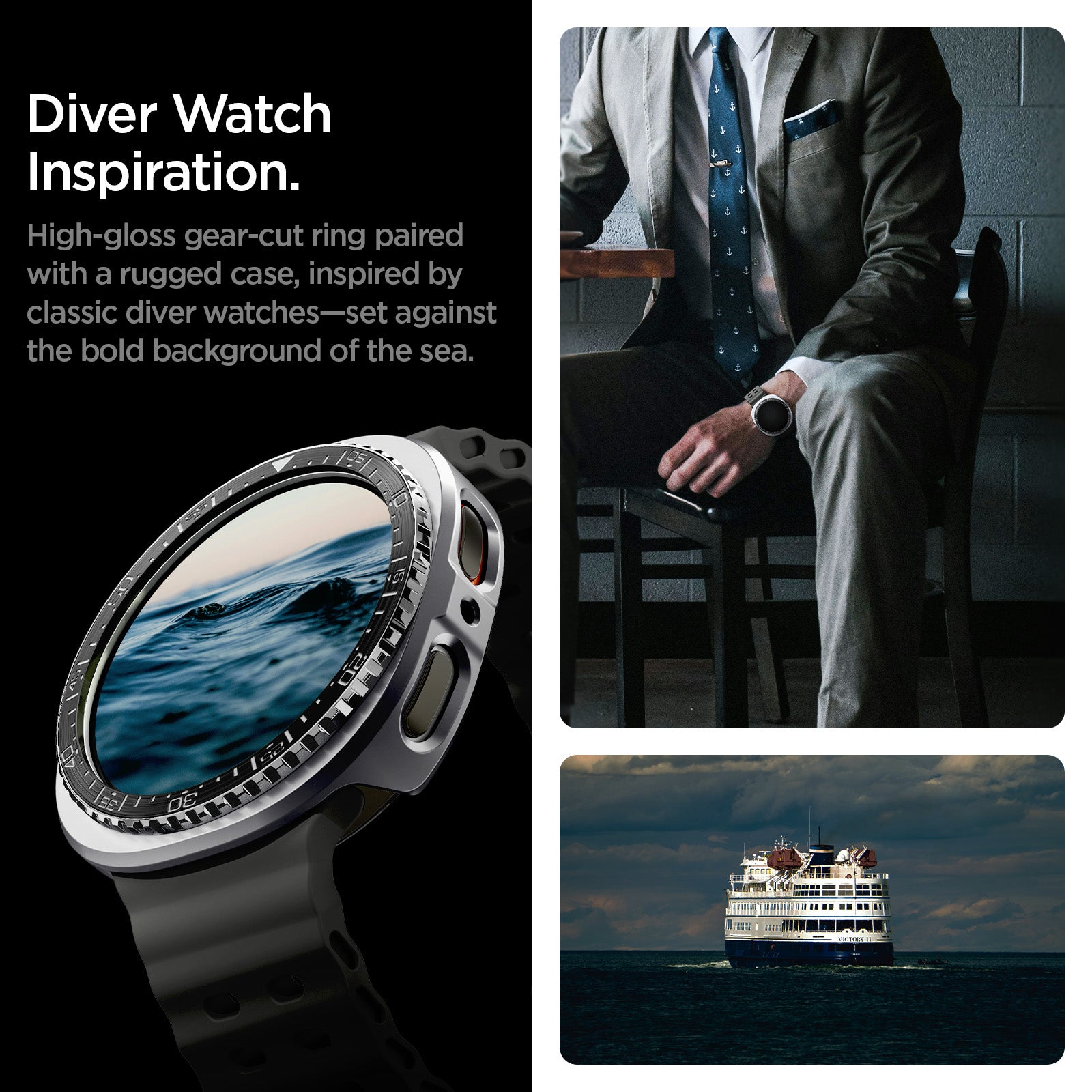ACS10010 - Galaxy Watch 8 Bezel Tune Pro in black diver watch inspiration. high gloss gear cut ring paired with a rugged case, inspired by classic diver watches, set against he bold background of the sea.