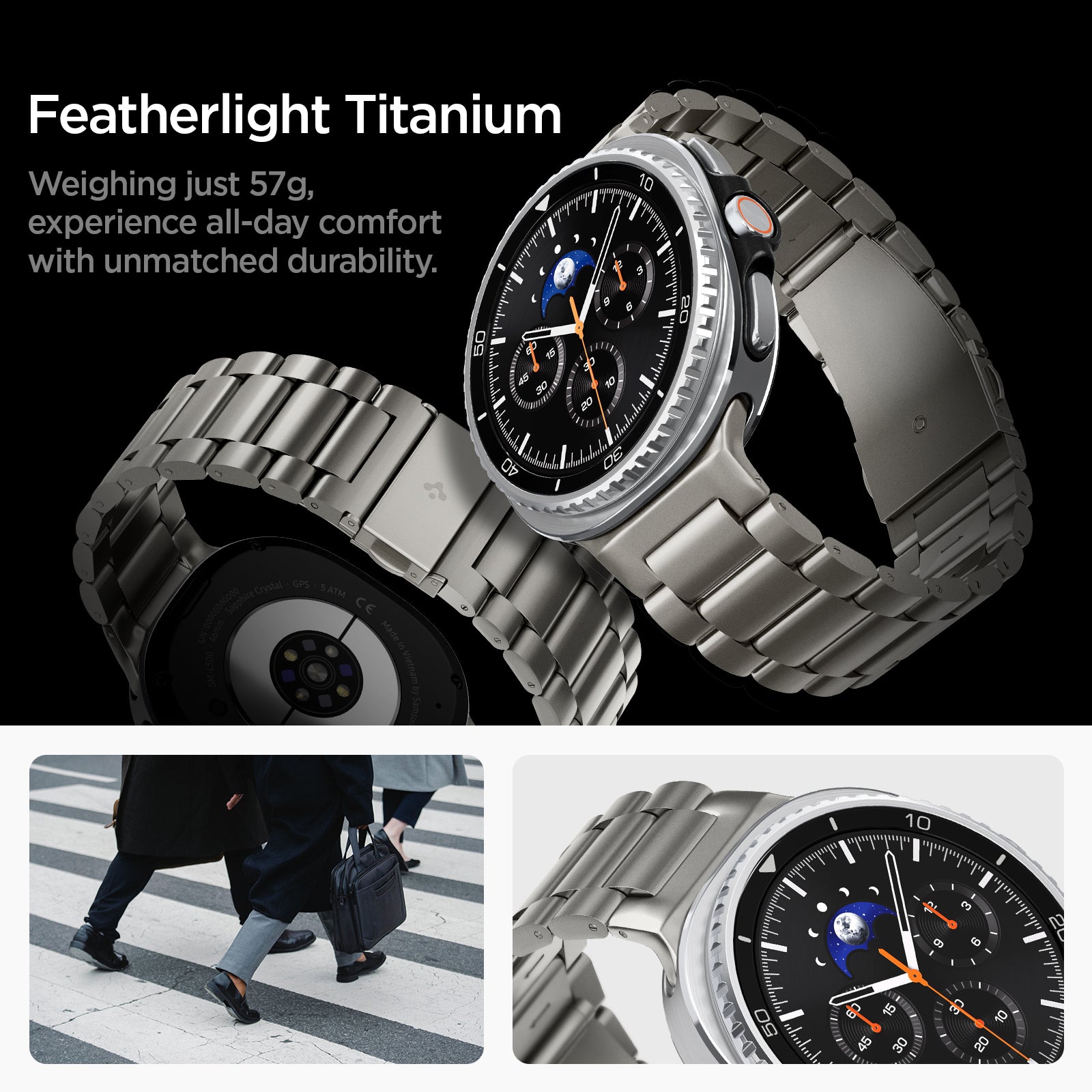 AMP10122 - Galaxy Watch 8 Series Modern Fit Titanium showing featherlight titanium. weighing just 57g, experience all day comfort with unmatched durability