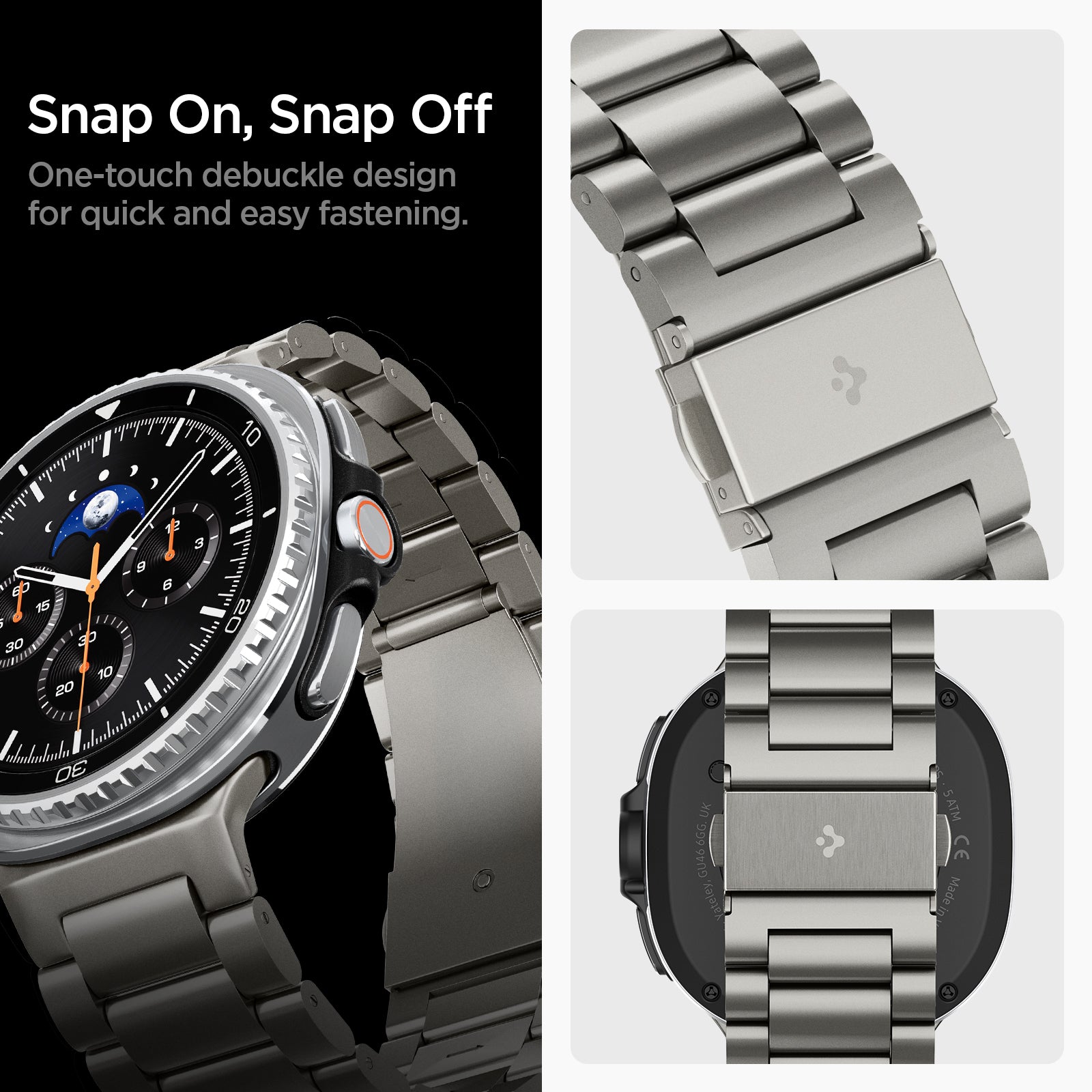 AMP10122 - Galaxy Watch 8 Series Modern Fit Titanium showing snap on snap off. one touch debuckle design for quick and easy fastening